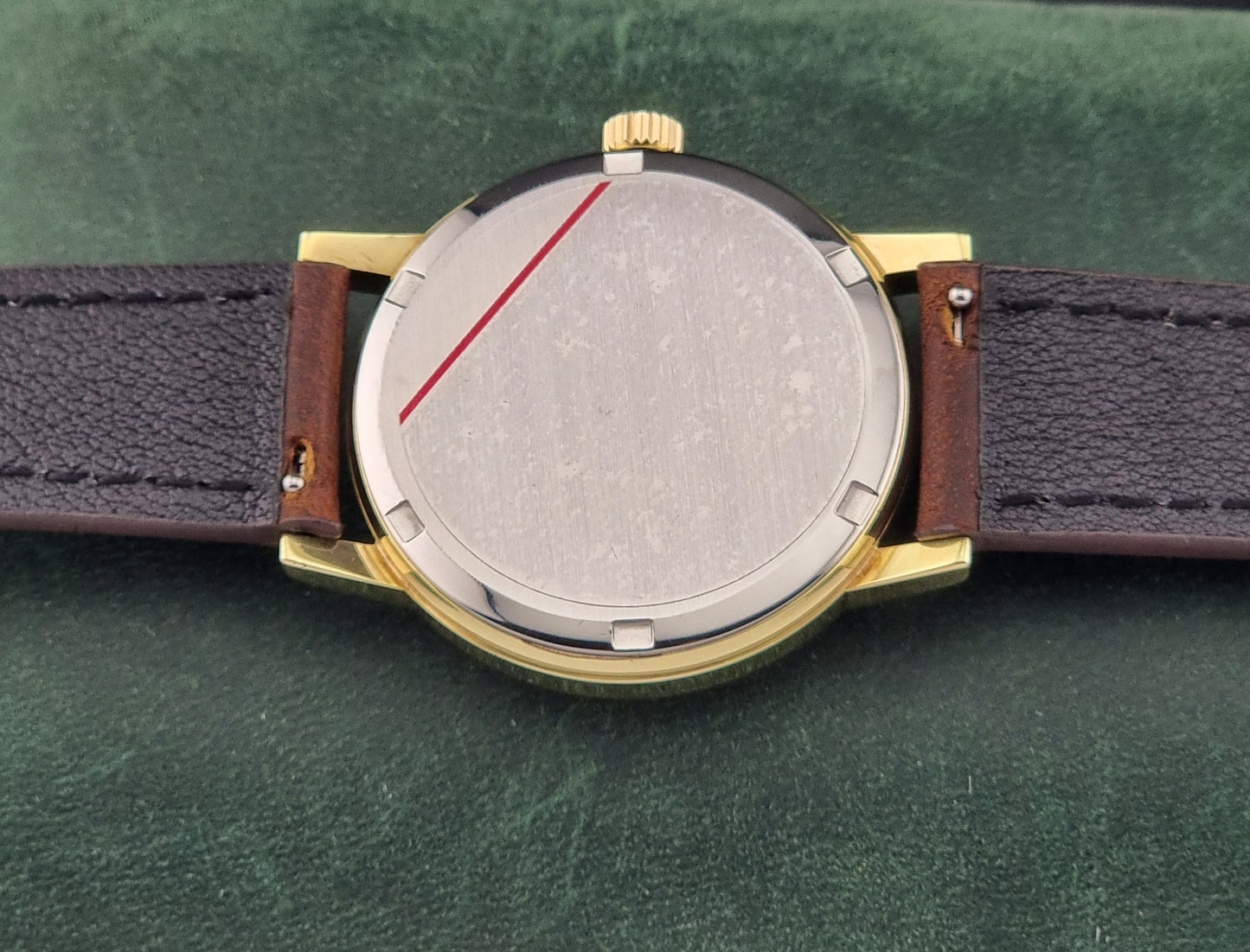 Vintage Gold Omega Geneve case back and dark leather strap on a green background