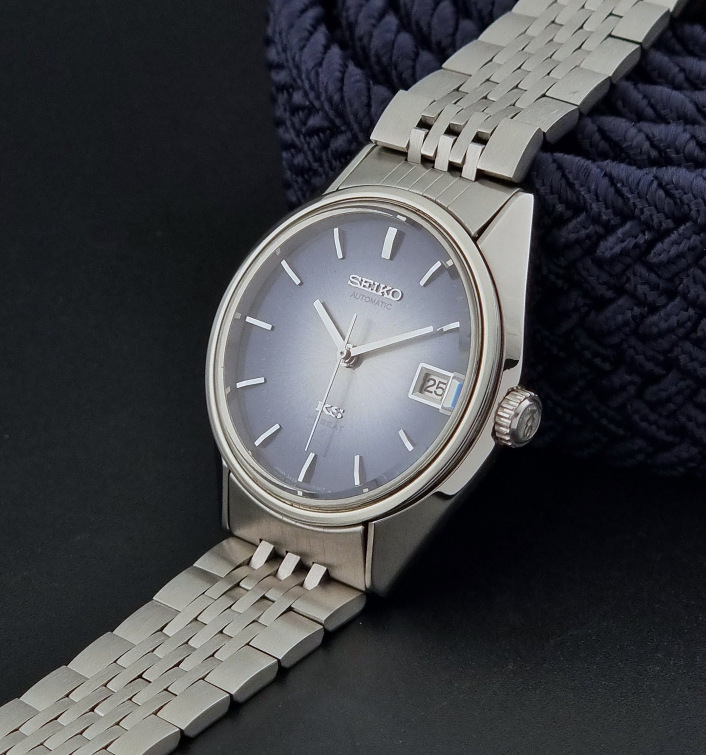 King Seiko watch with a blue dial on a dark background