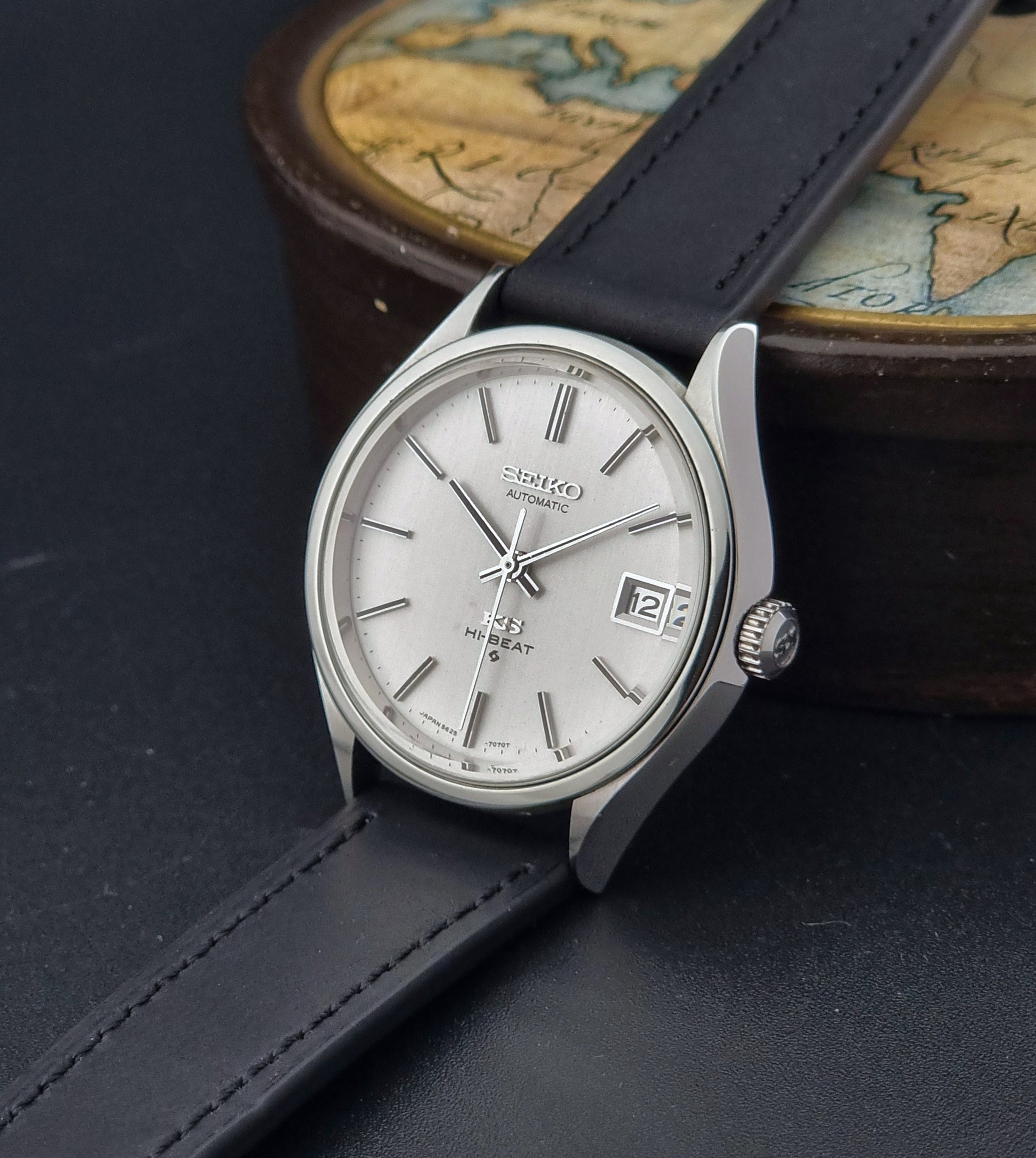 Vintage King Seiko Wristwatch 5625-7120 on a black strap crown side view