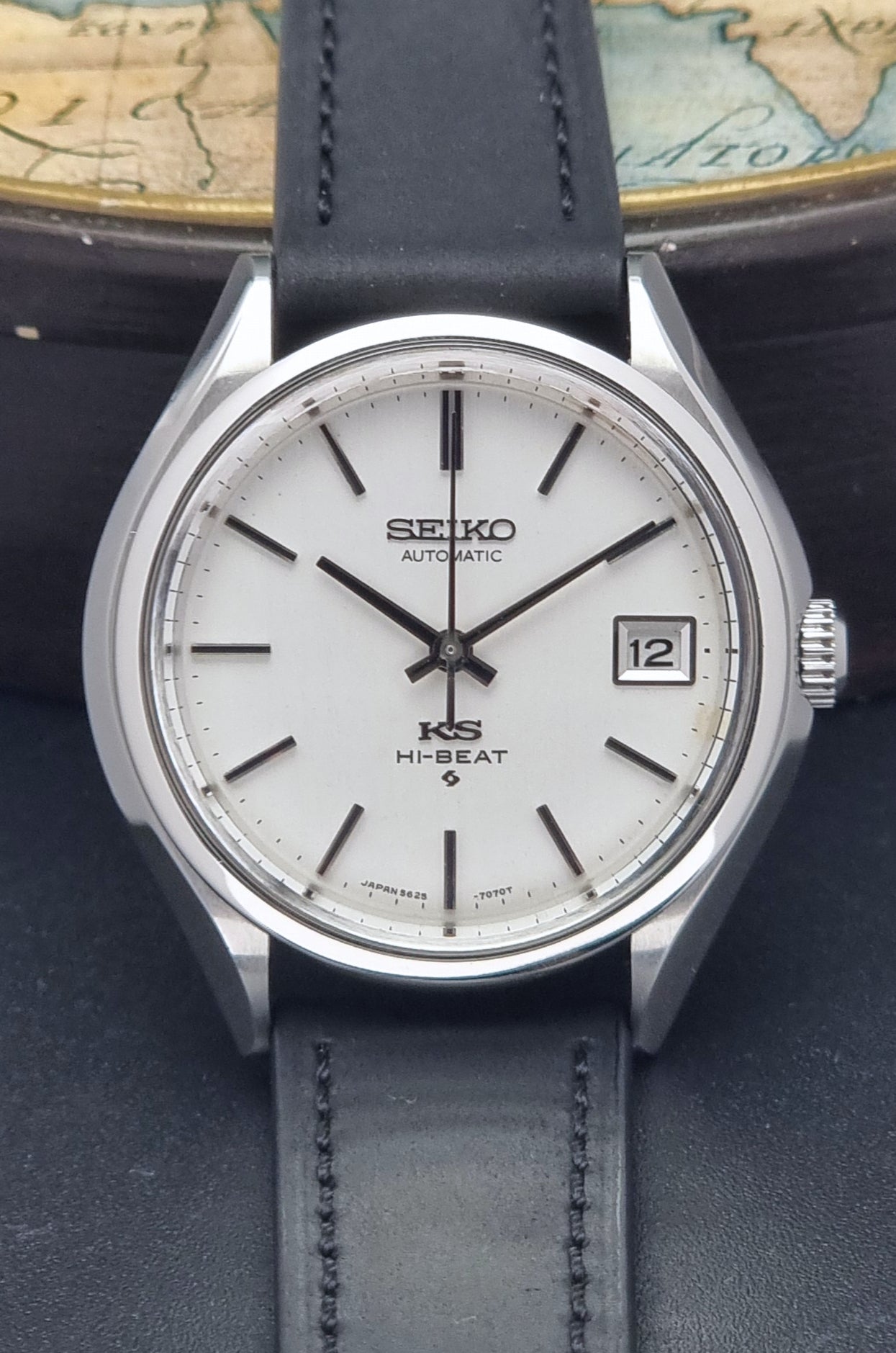 Vintage King Seiko Wristwatch 5625-7120 on a black strap close up front view