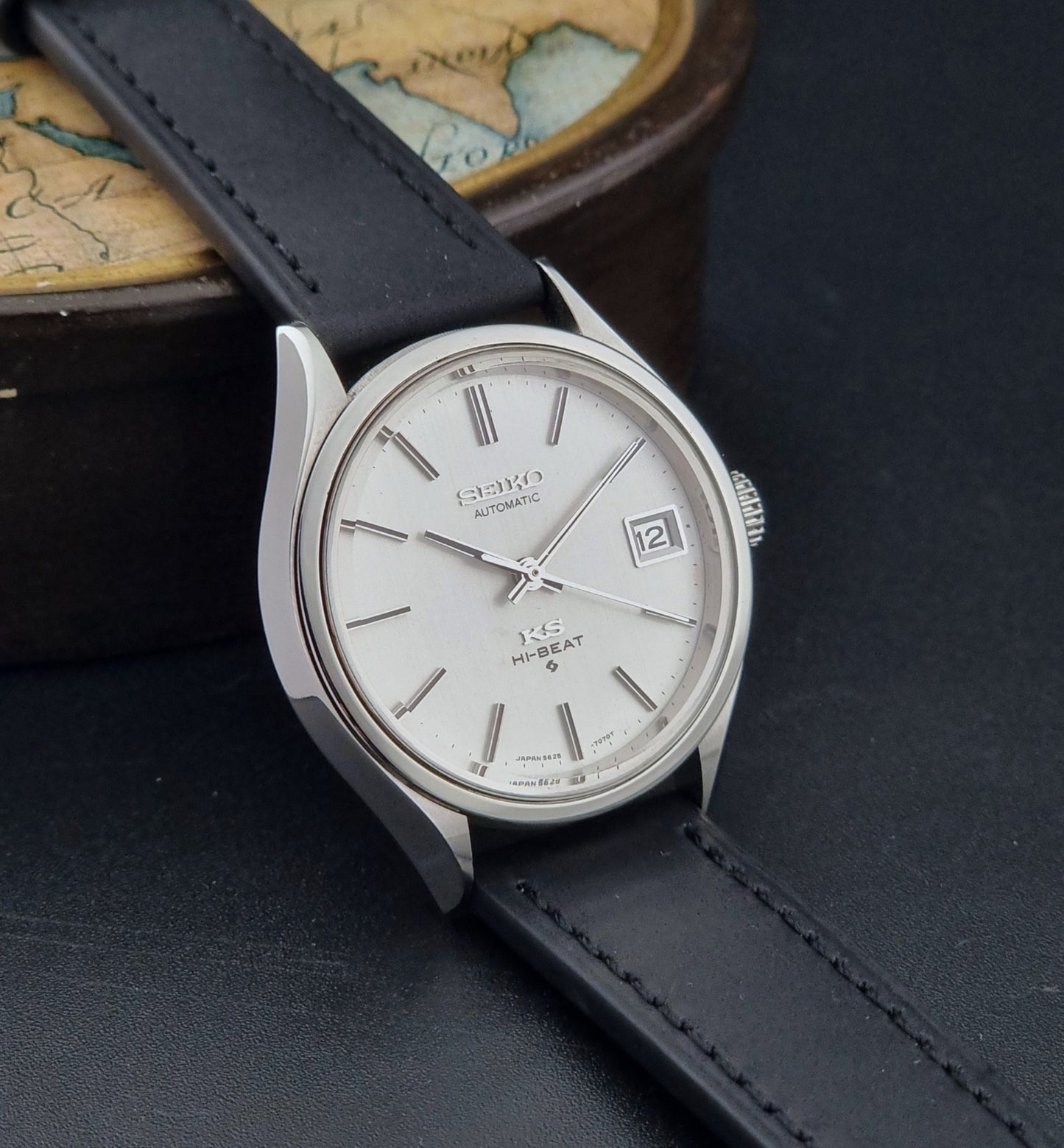 Vintage King Seiko Wristwatch 5625-7120 on a black strap side view