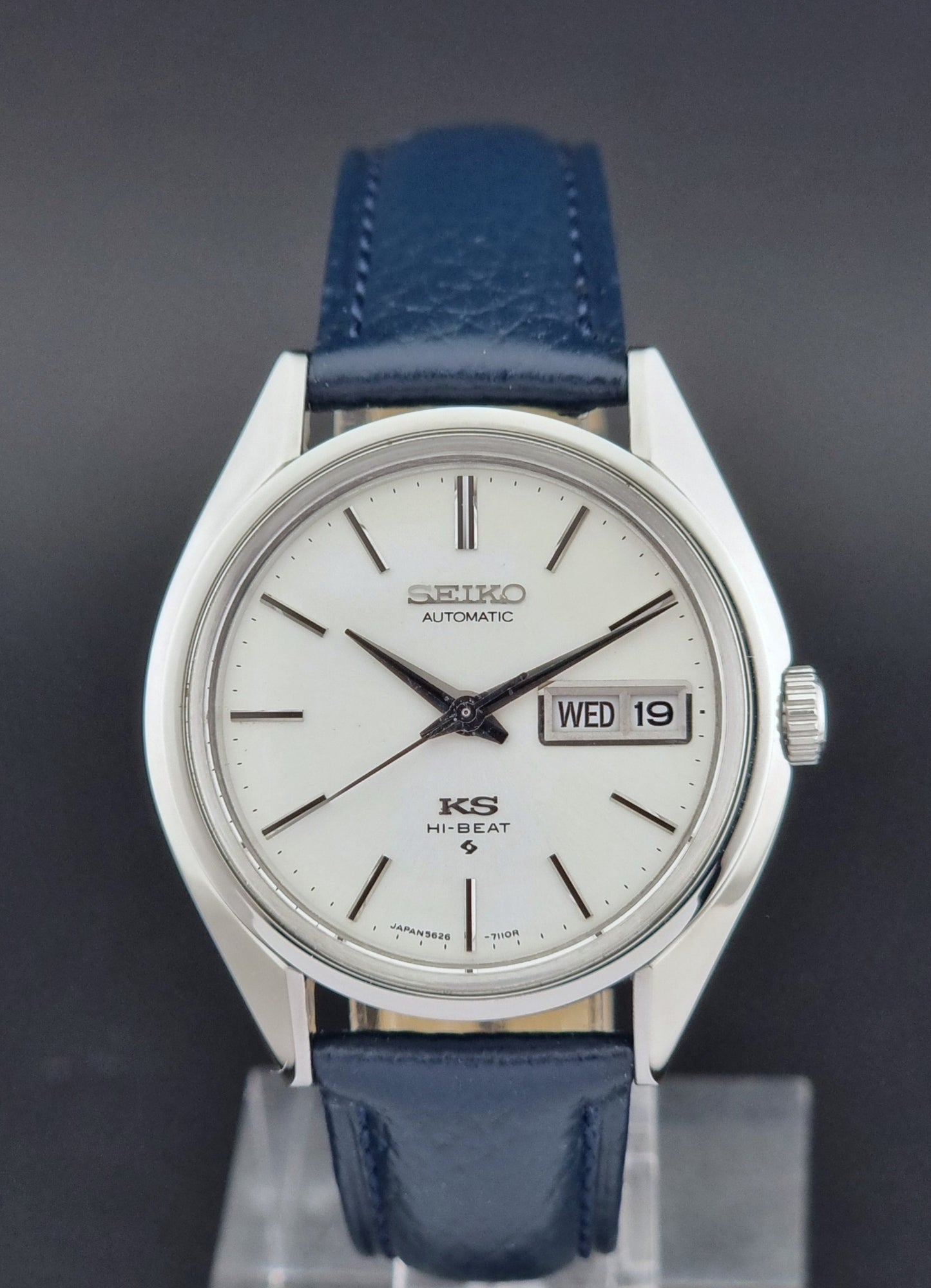 Vintage King Seiko 5626-71113 Wristwatch with blue leather strap on a dark background