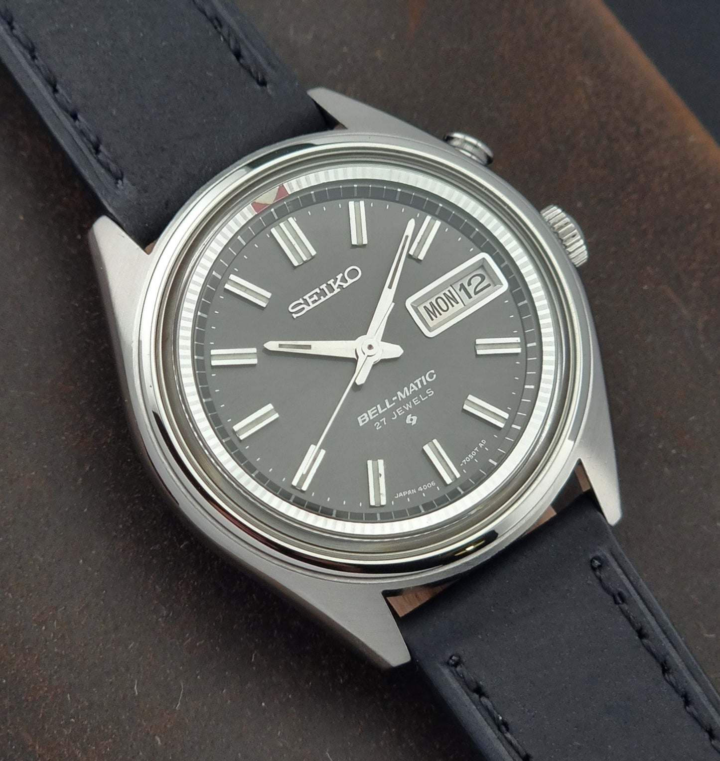 Vintage Seiko Bell-Matic watch on a black strap