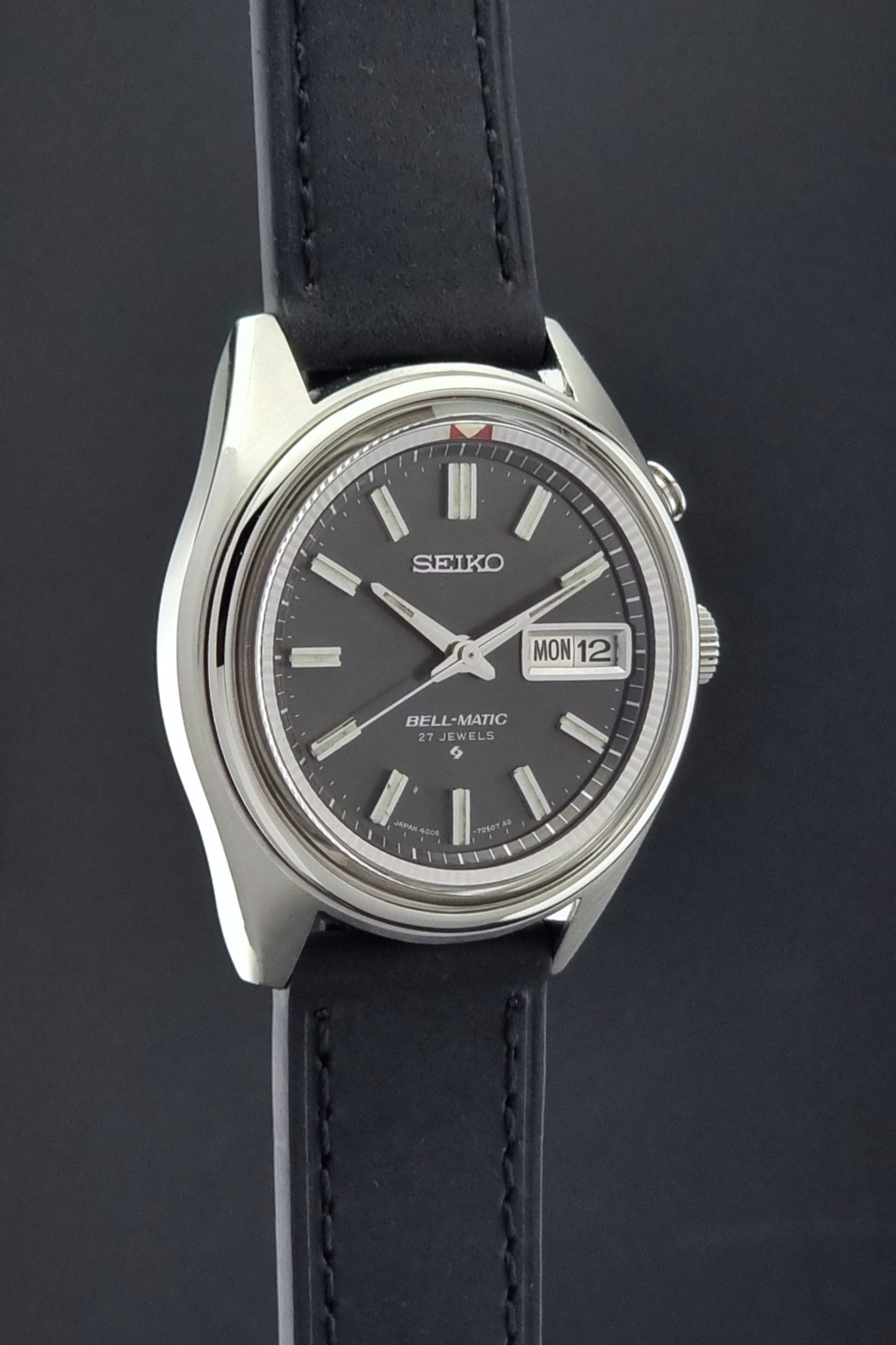 Vintage Seiko Bell-Matic watch on a black strap