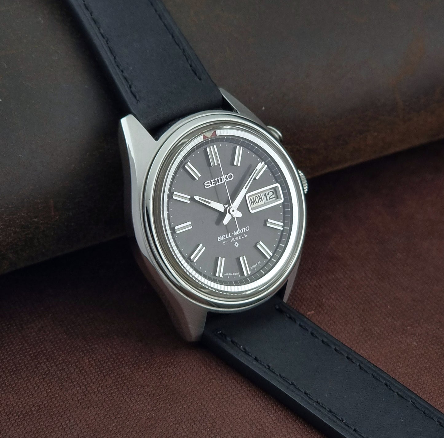Vintage Seiko Bell-Matic watch on a black strap
