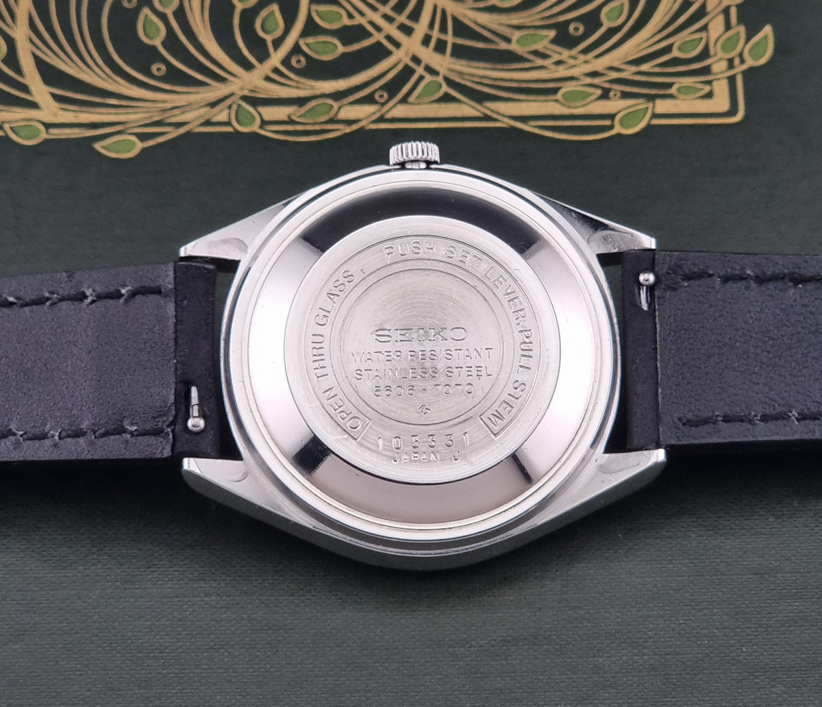 Vintage Seiko Lord Matic 5606-7070 automatic watch from 1971, caseback view