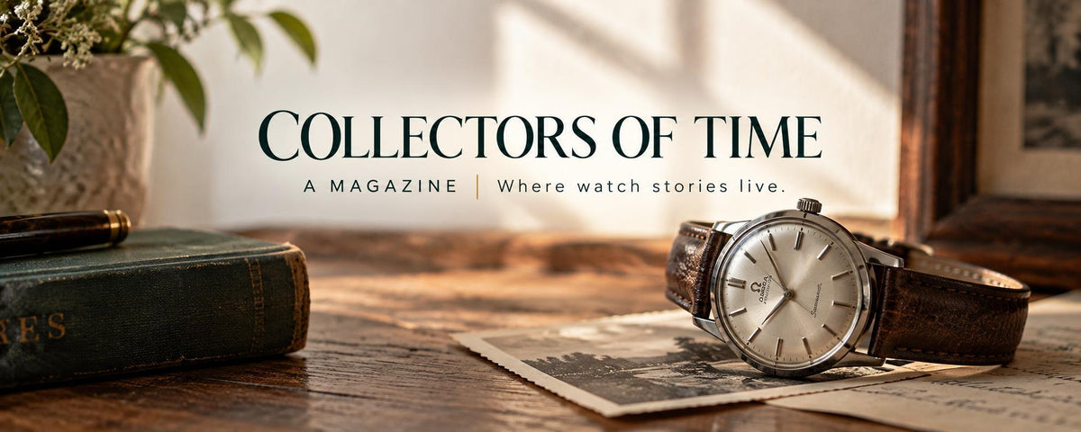 A vintage-style wristwatch with a silver dial and brown leather strap rests on an old newspaper on a wooden table, alongside a dark green book a 'COLLECTORS OF TIME' and 'A MAGAZINE | Where watch stories live.