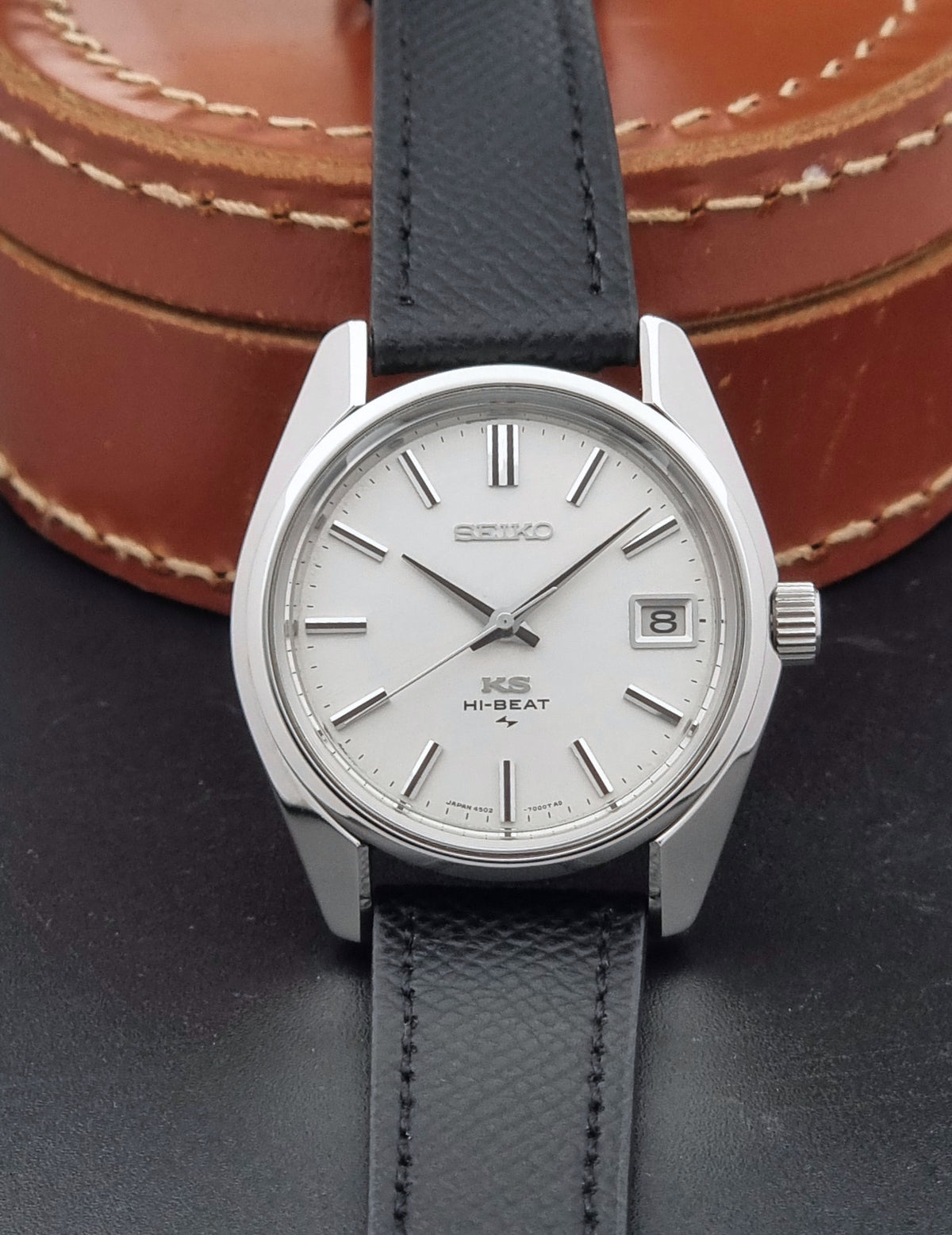 Vintage King Seiko 4502-7001 silver dial 1972 – dial and case front view
