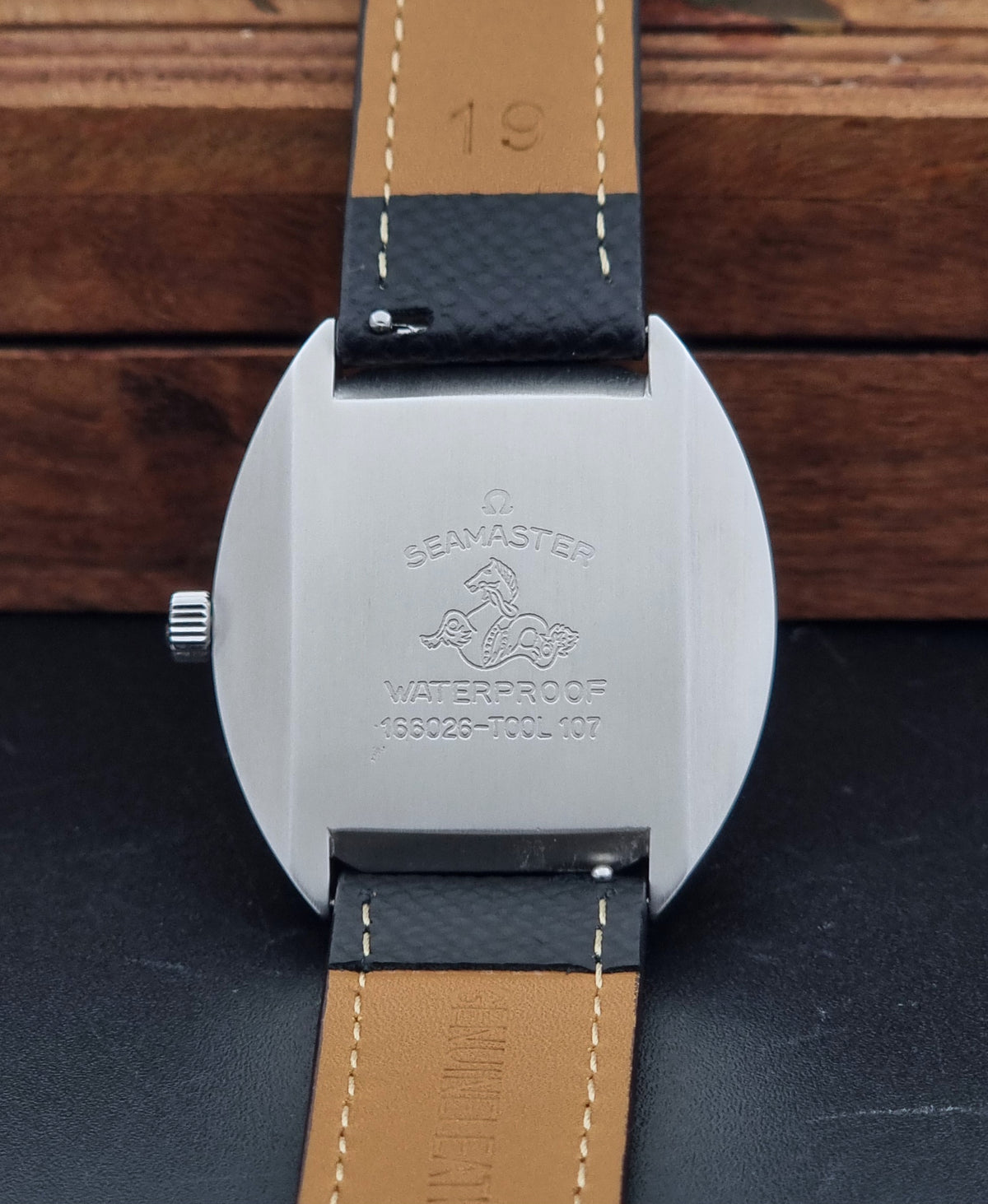 Vintage Omega Seamaster Cosmic 166.026 frosted silver dial – caseback view