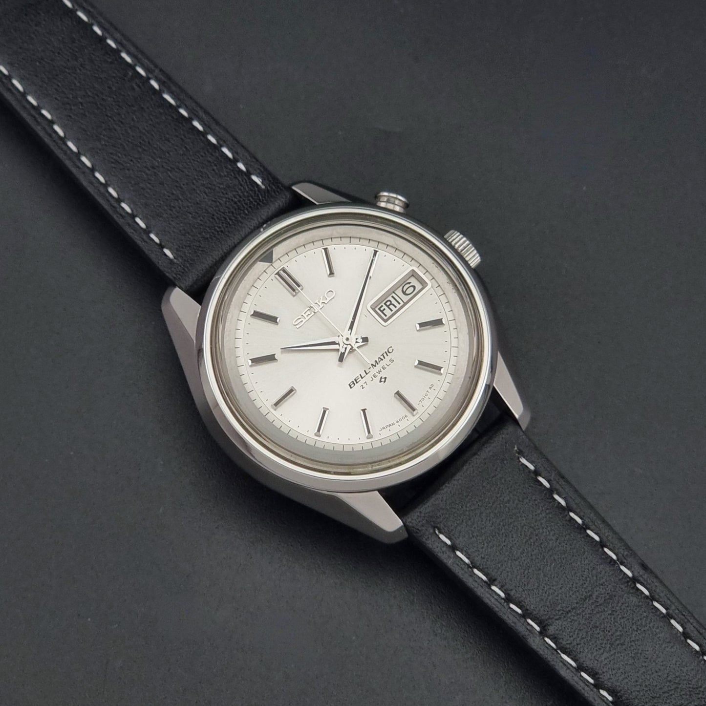 Vintage Seiko Wristwatch Bell Matic Alarm 4006-7010 on a dark background