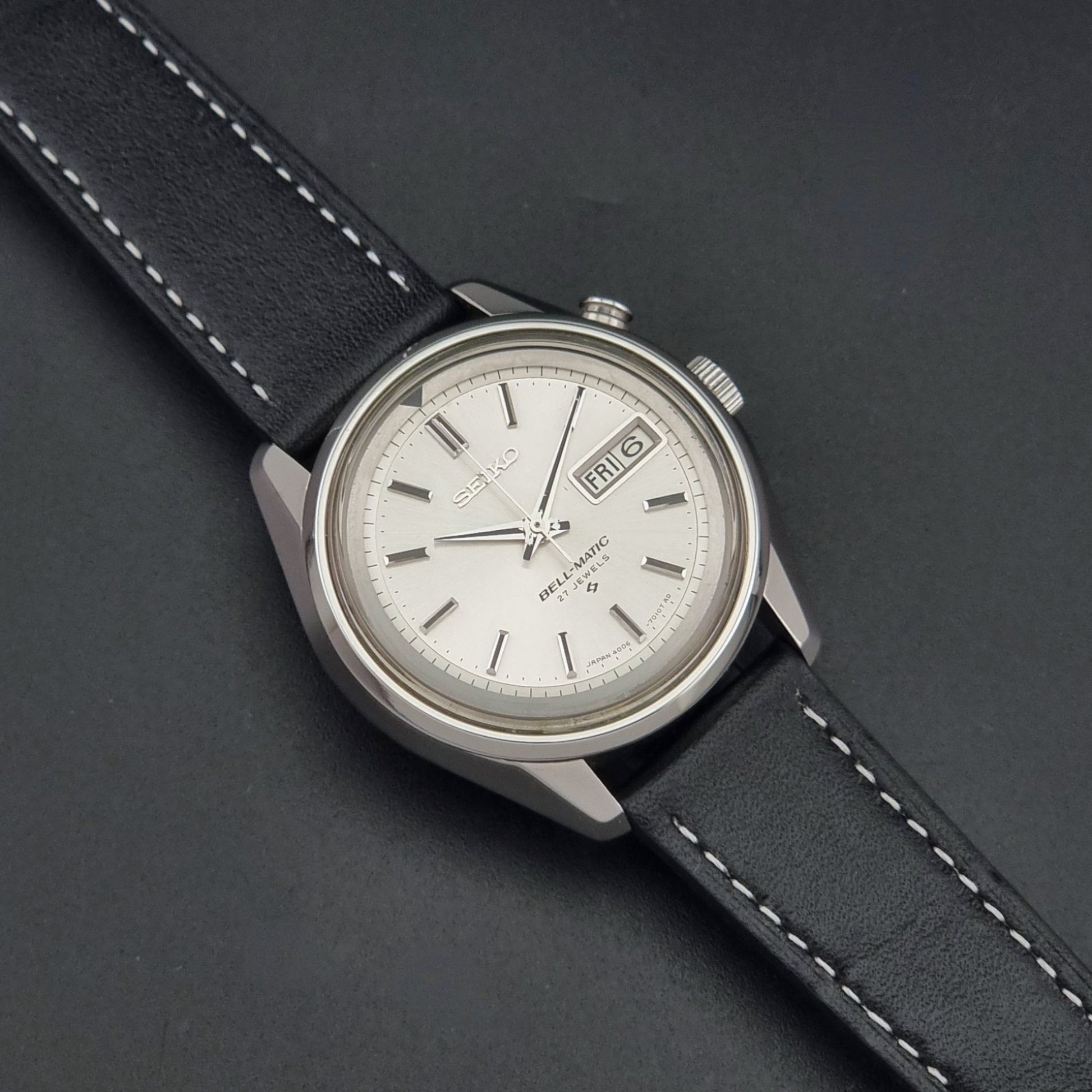 Vintage Seiko Wristwatch Bell Matic Alarm 4006-7010 on a dark background