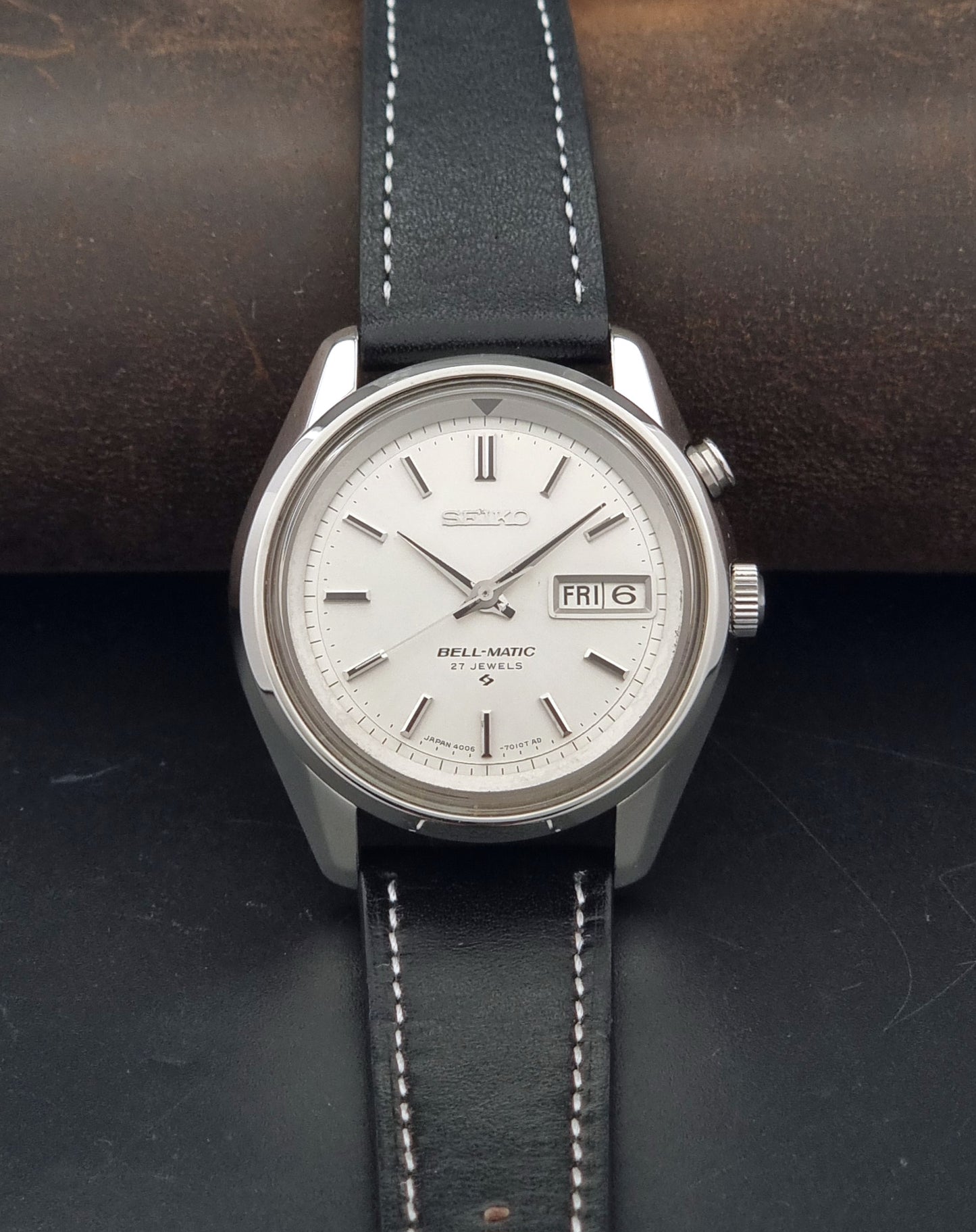 Vintage Seiko Wristwatch Bell Matic Alarm 4006-7010 on a dark background