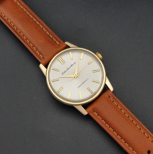 Vintage Seiko Lord Marvel 5740-1990 Wristwatch on a dark background angled view