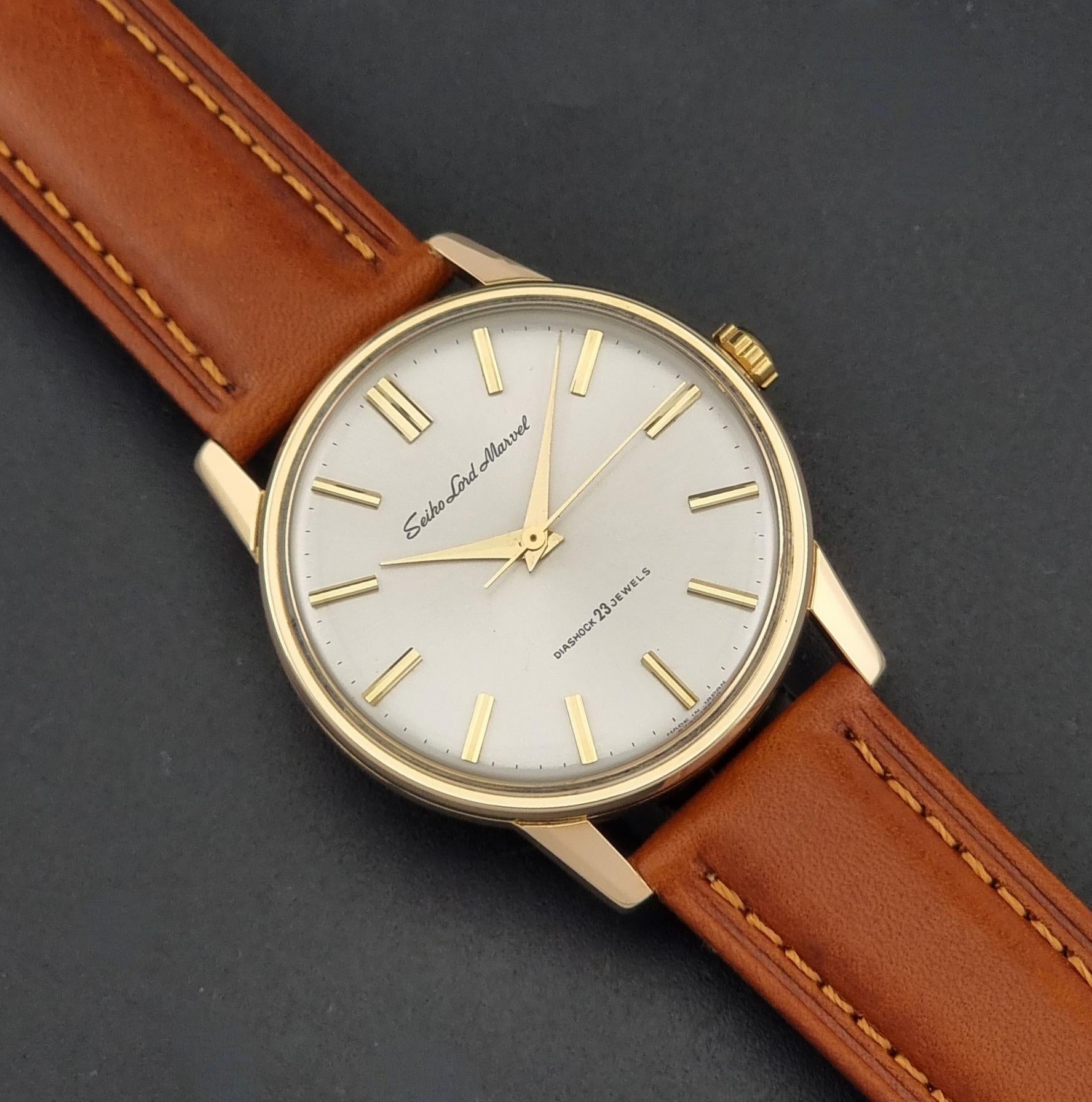 Vintage Seiko Lord Marvel 5740-1990 Wristwatch on a dark background dial close up