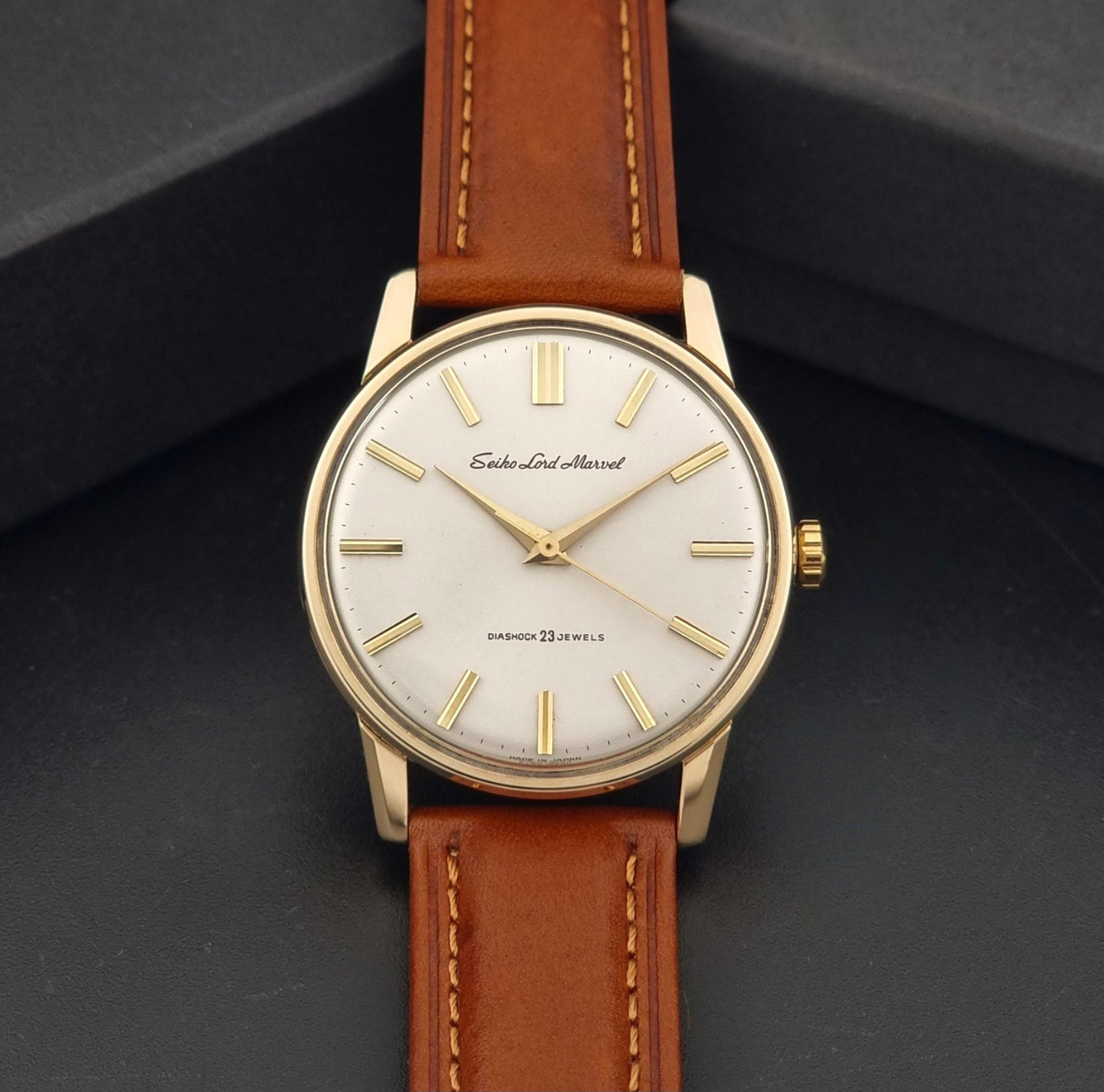 Vintage Seiko Lord Marvel 5740-1990 Wristwatch on a dark background close up view