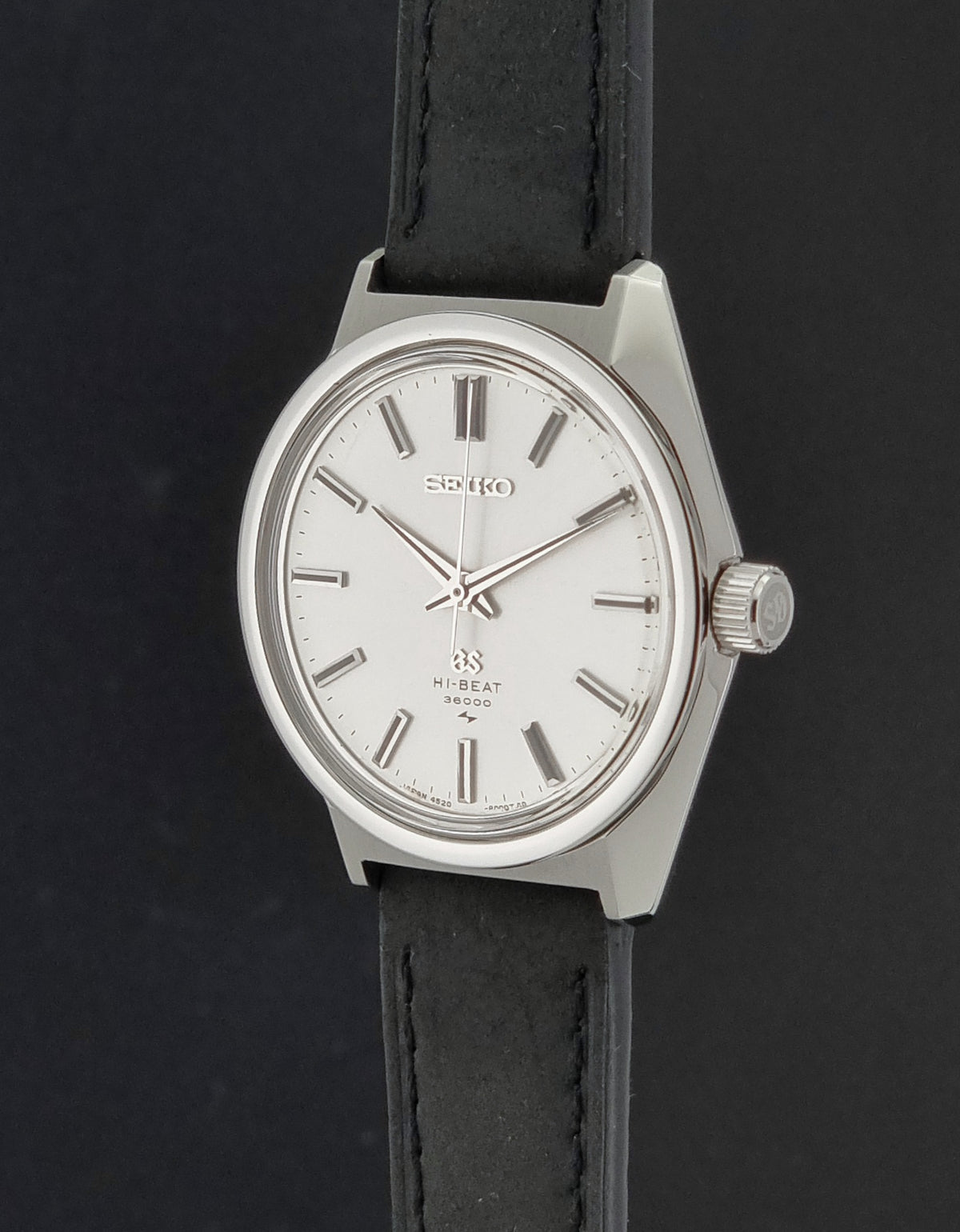 1969 vintage Grand Seiko 4520-8000 Hi-Beat watch; crown-side profile showing the winding crown and case
