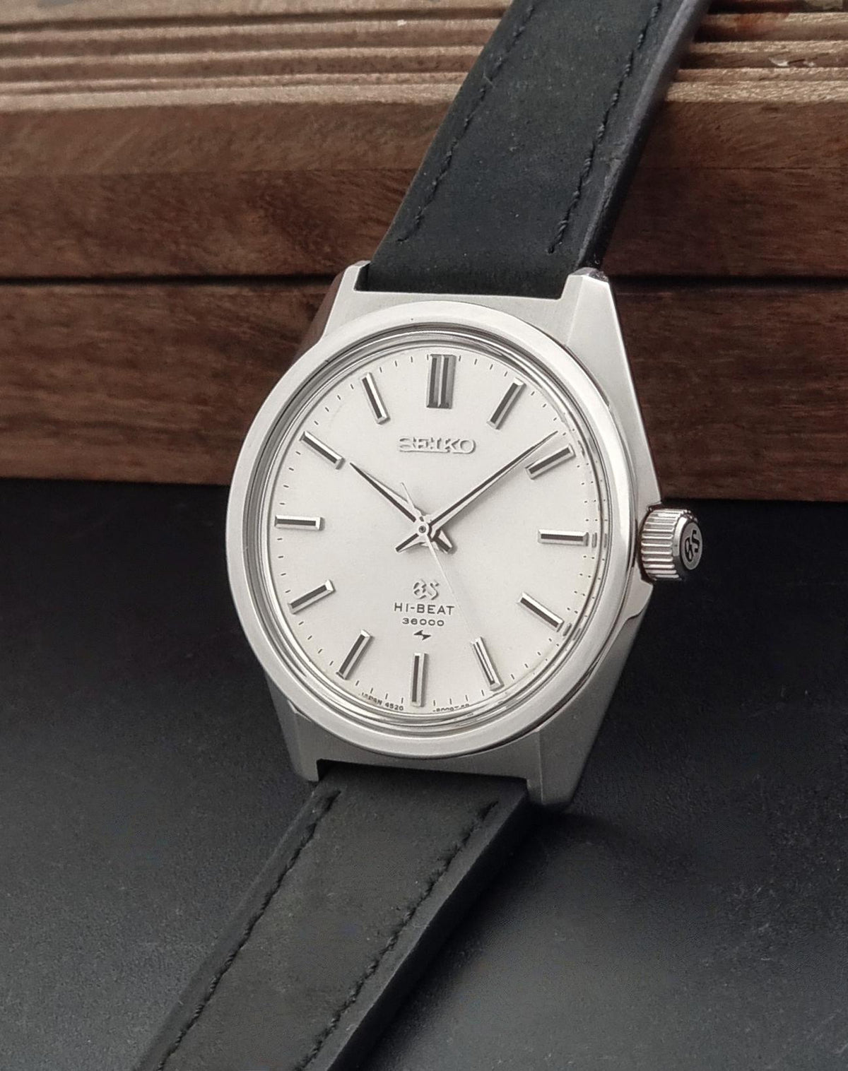 1969 vintage Grand Seiko 4520-8000 Hi-Beat watch; crown view showing the winding crown and case profile