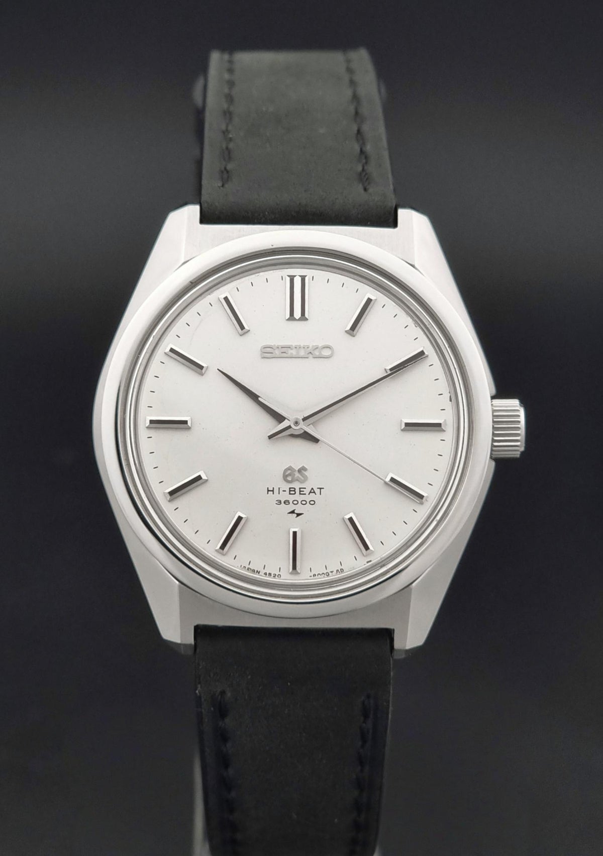 1969 vintage Grand Seiko 4520-8000 Hi-Beat watch; close-up showing the dial, hands and hour markers