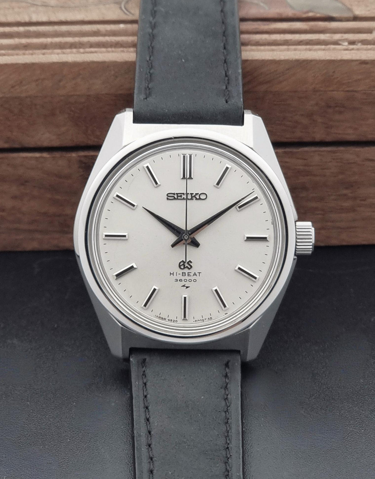 1969 vintage Grand Seiko 4520-8000 Hi-Beat watch; dial view showing the hands, hour markers and dial layout