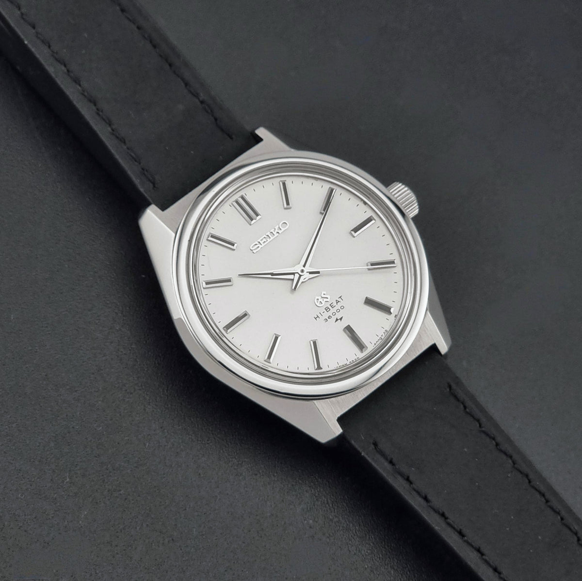 1969 vintage Grand Seiko 4520-8000 Hi-Beat watch; detailed view showing the dial, hands and hour markers