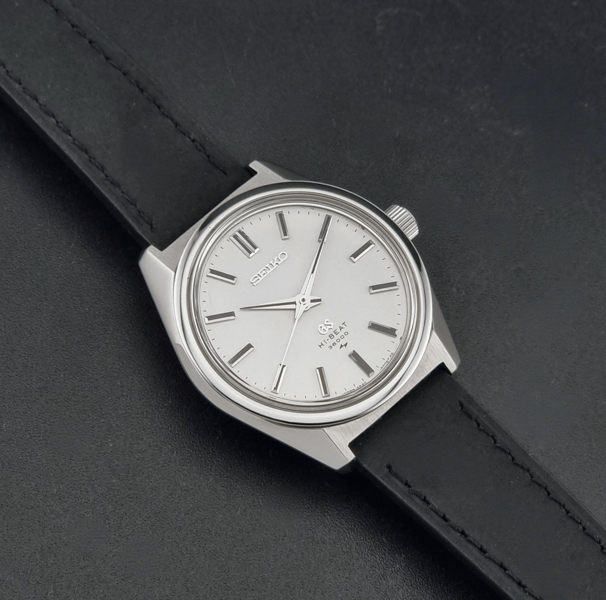 1969 vintage Grand Seiko 4520-8000 Hi-Beat watch; full front view showing the dial, hands and case