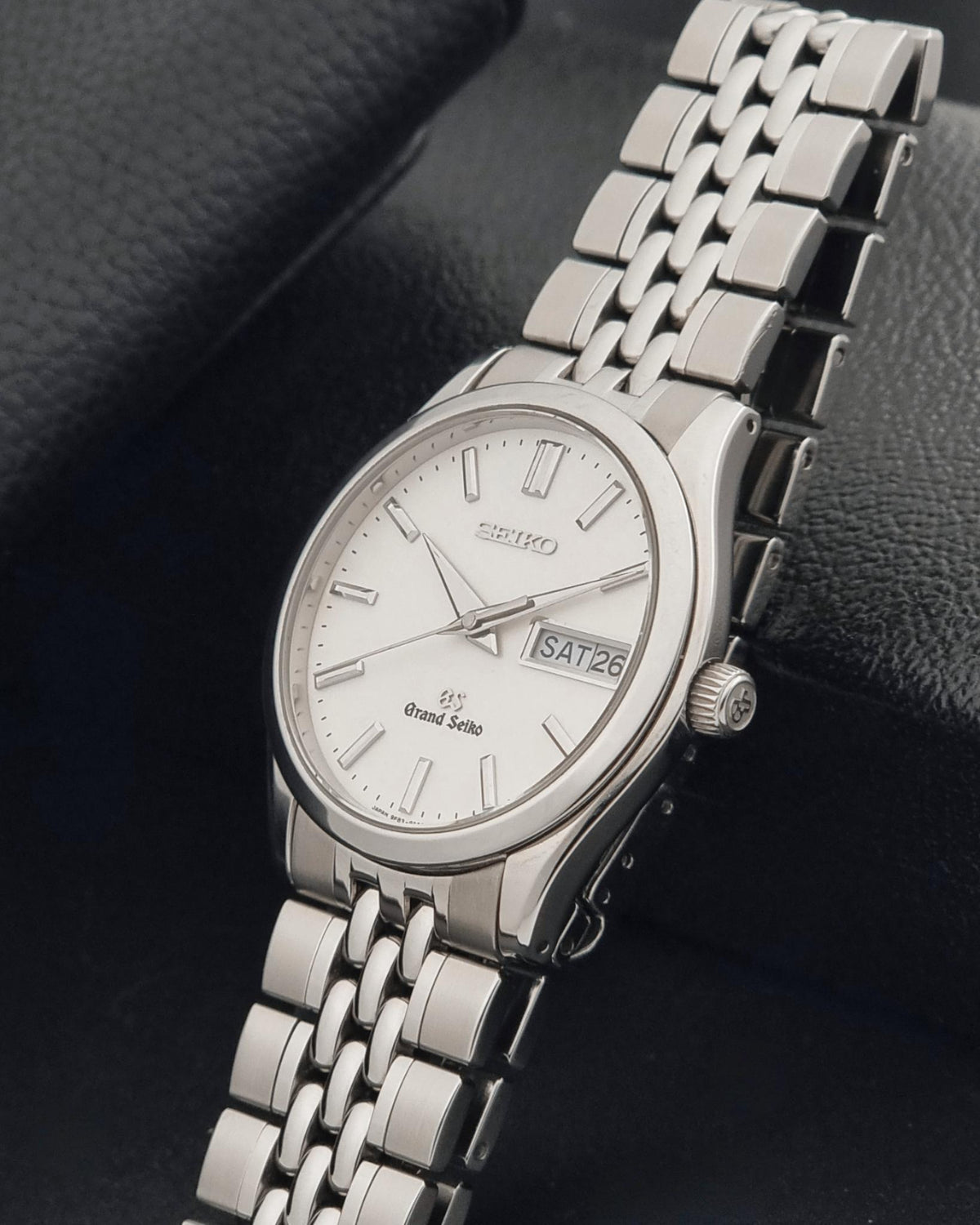 1997 vintage Grand Seiko SBGT001 9F83 quartz watch; crown view showing the winding crown and case profile