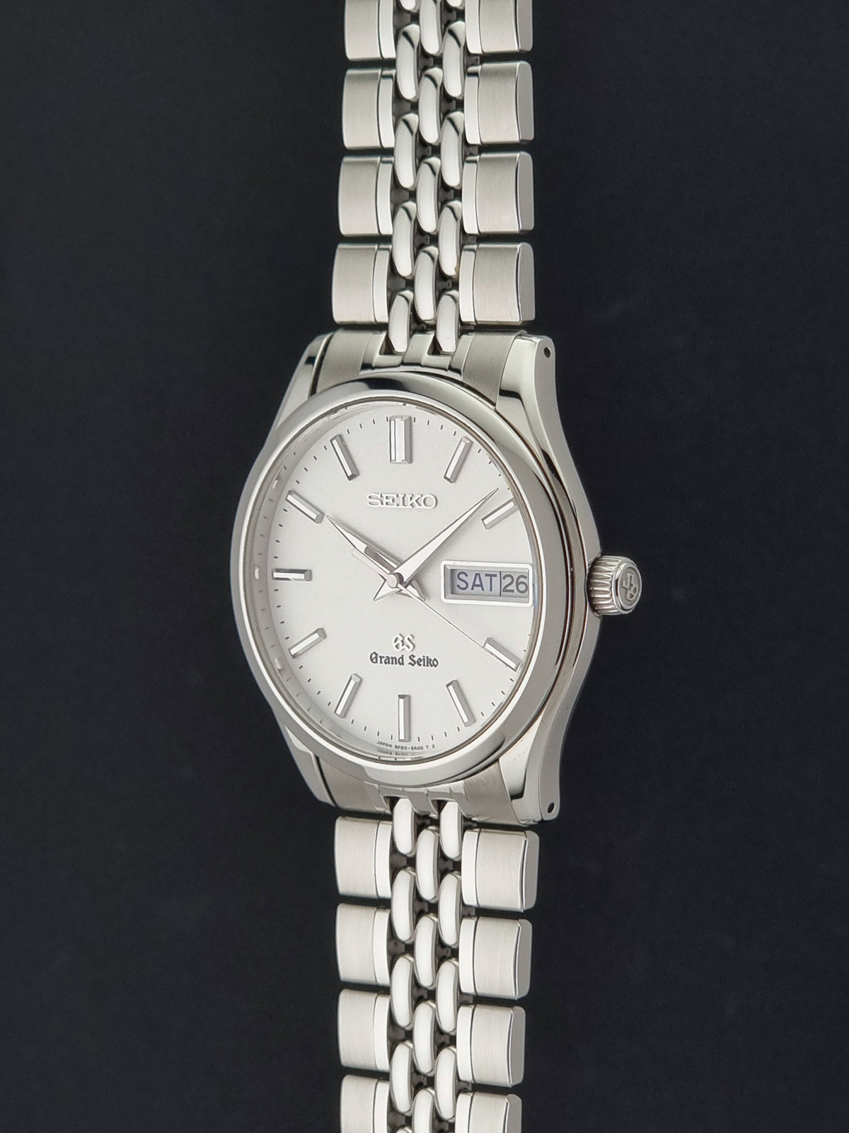 1997 vintage Grand Seiko SBGT001 9F83 quartz watch; crown-side profile showing the winding crown and case