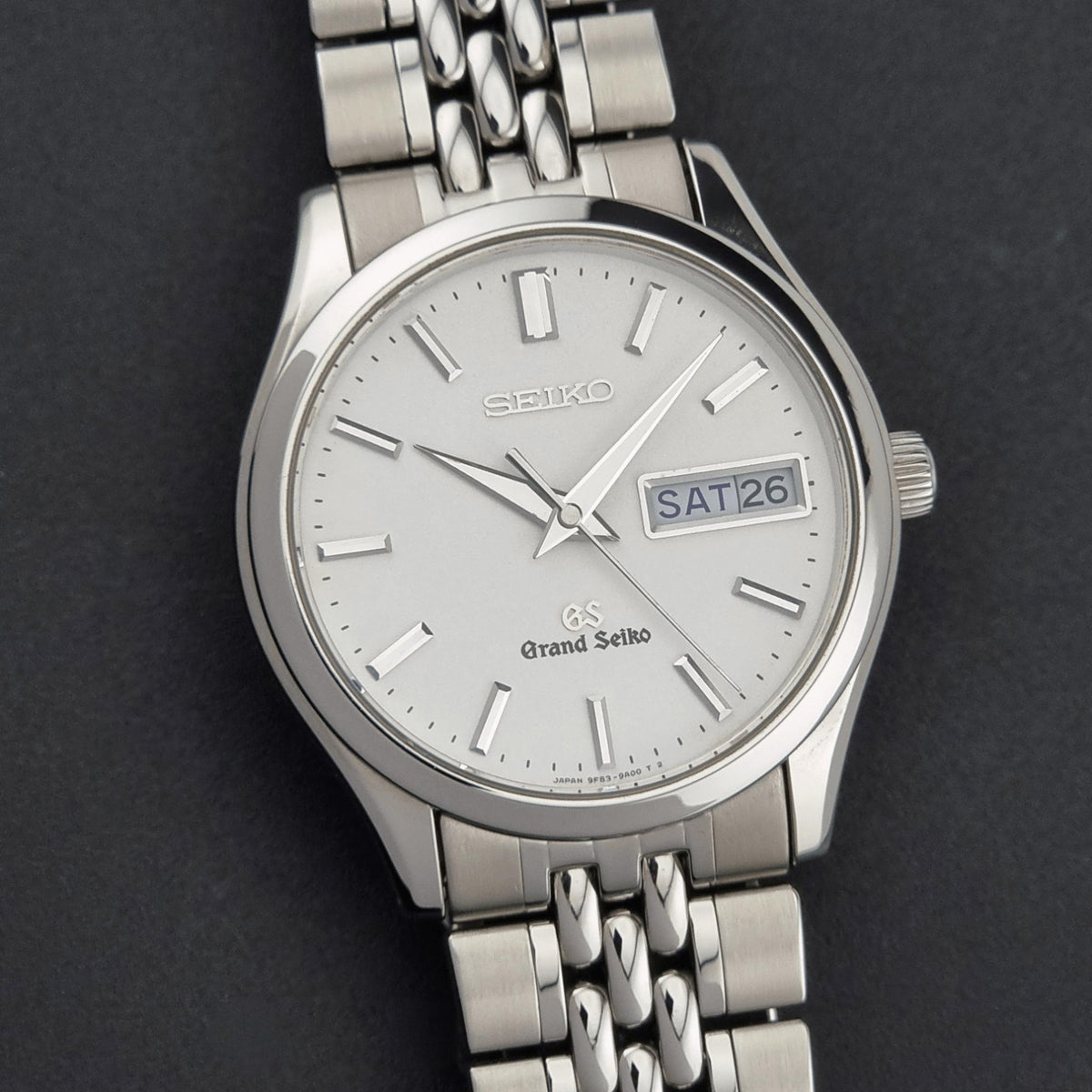 1997 vintage Grand Seiko SBGT001 9F83 quartz watch; close-up showing the dial, hands and hour markers