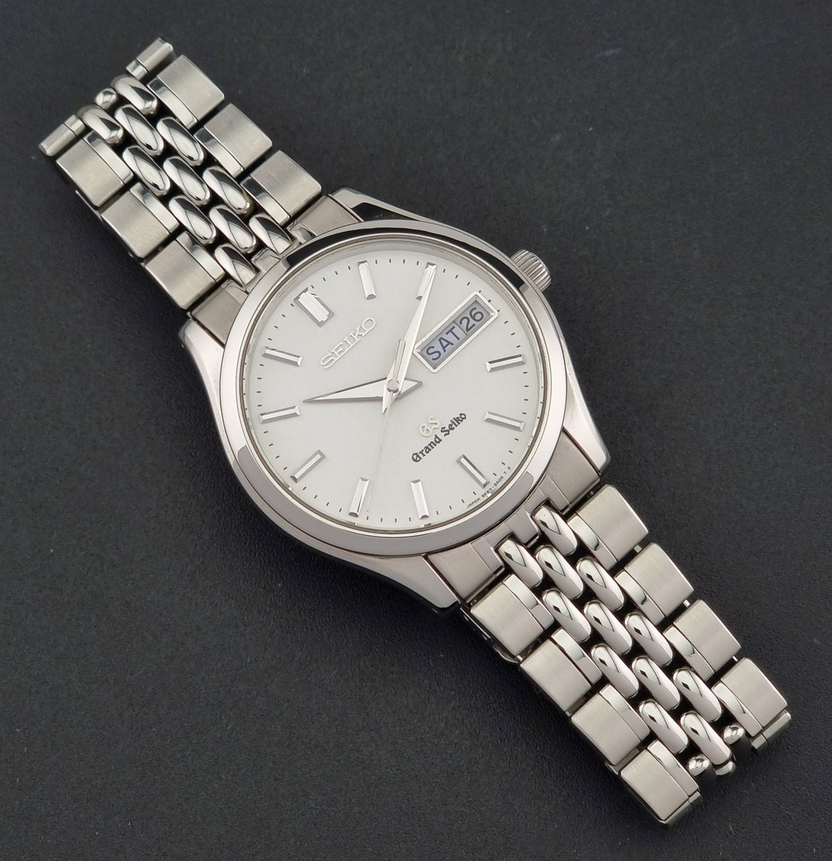 1997 vintage Grand Seiko SBGT001 9F83 quartz watch; full front view showing the dial, hands and case