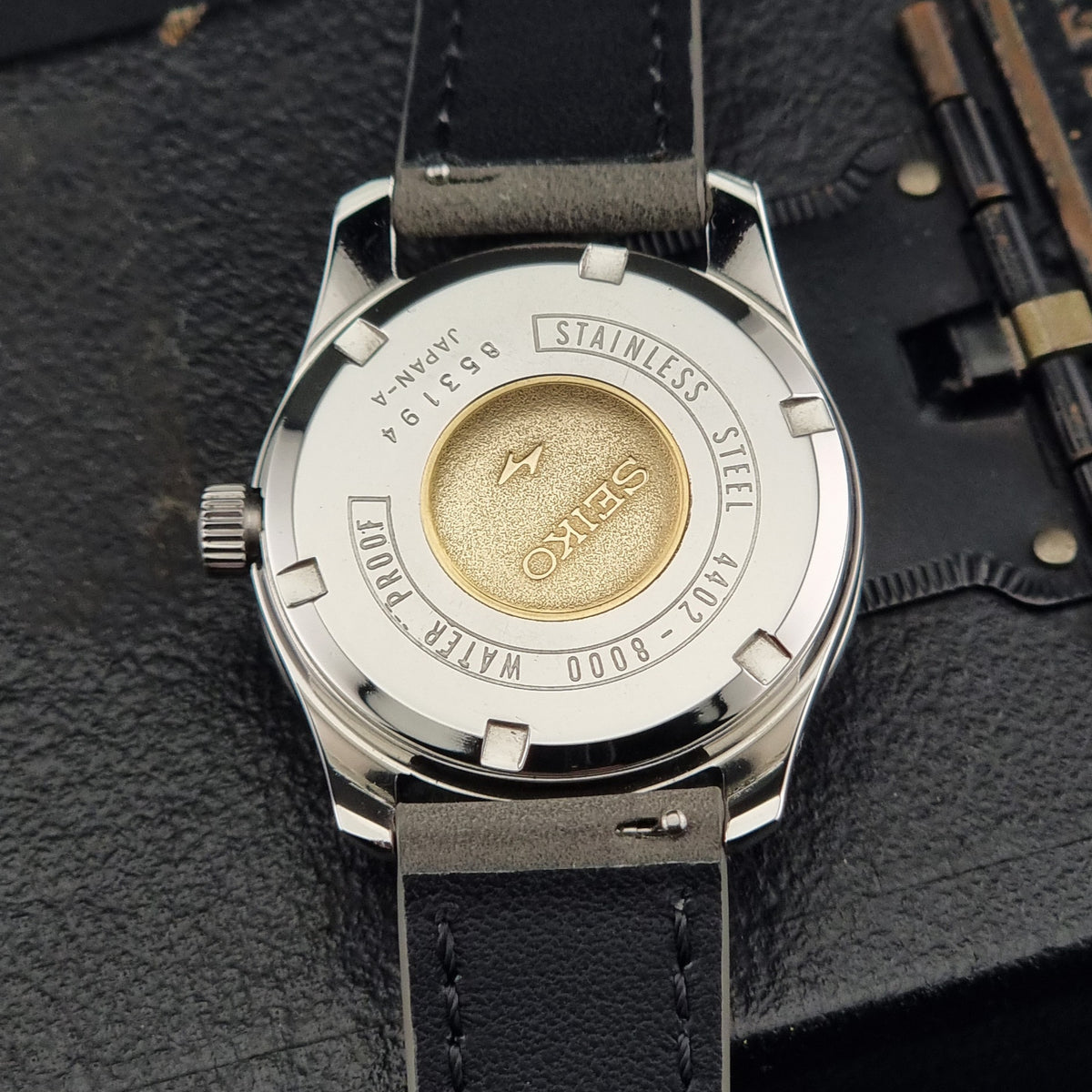 1968 vintage King Seiko 4402-8000 manually wound watch; caseback view showing the rear case and visible markings