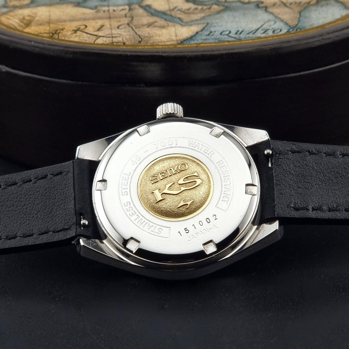 1971 vintage King Seiko 45-7001 Hi-Beat watch; caseback view showing the rear case and visible markings