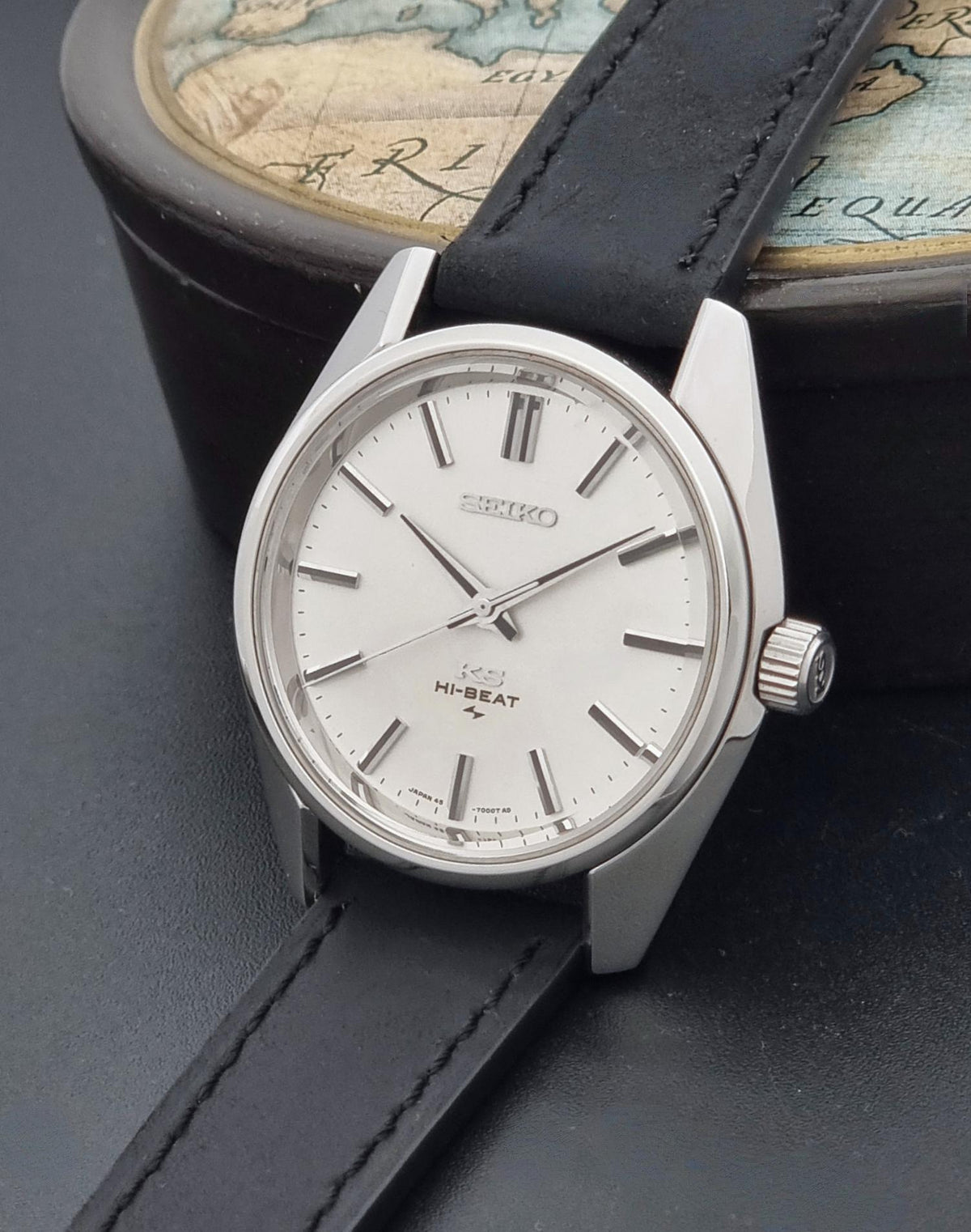 1971 vintage King Seiko 45-7001 Hi-Beat watch; crown view showing the winding crown and case profile