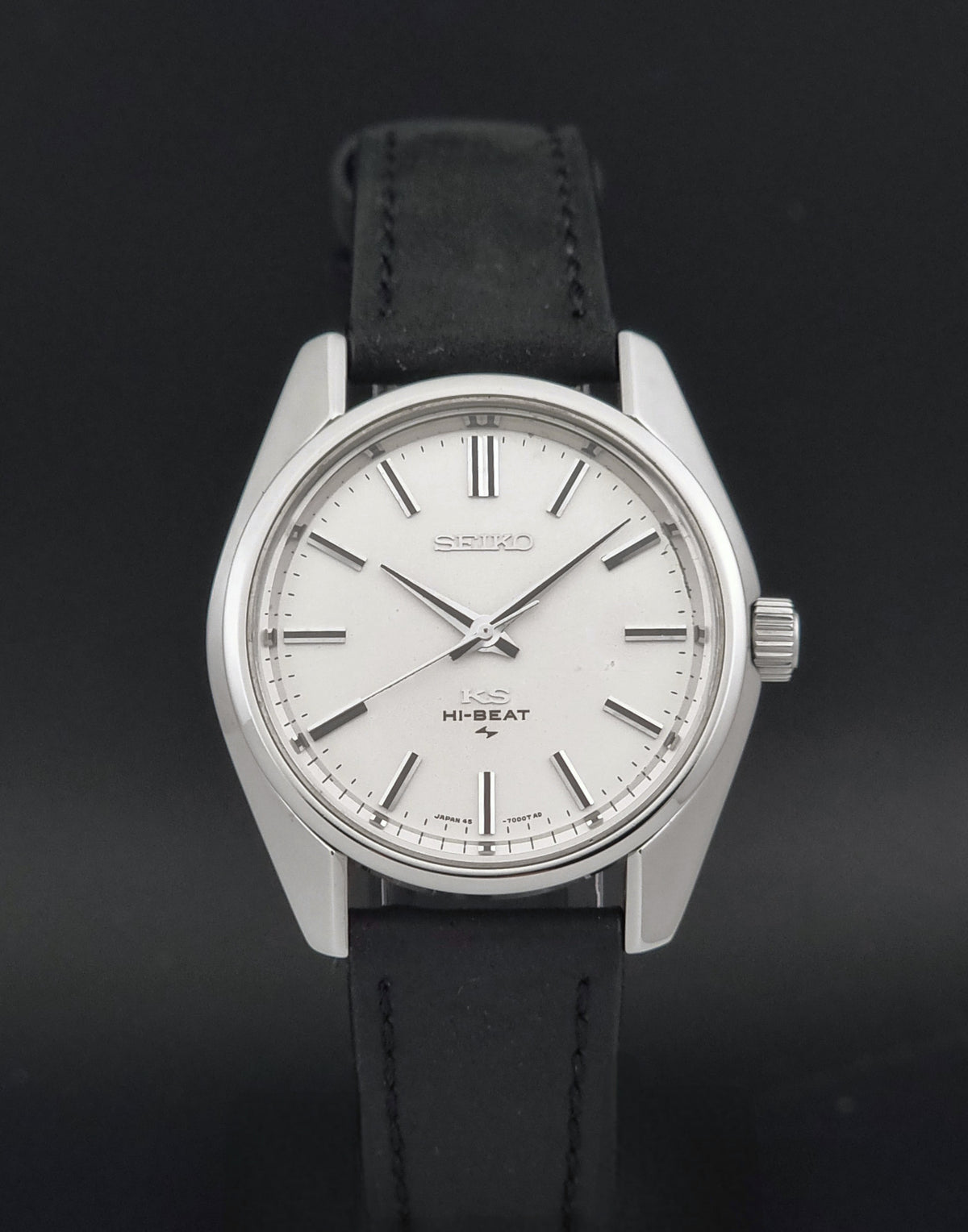 1971 vintage King Seiko 45-7001 Hi-Beat watch; close-up showing the dial, hands and hour markers