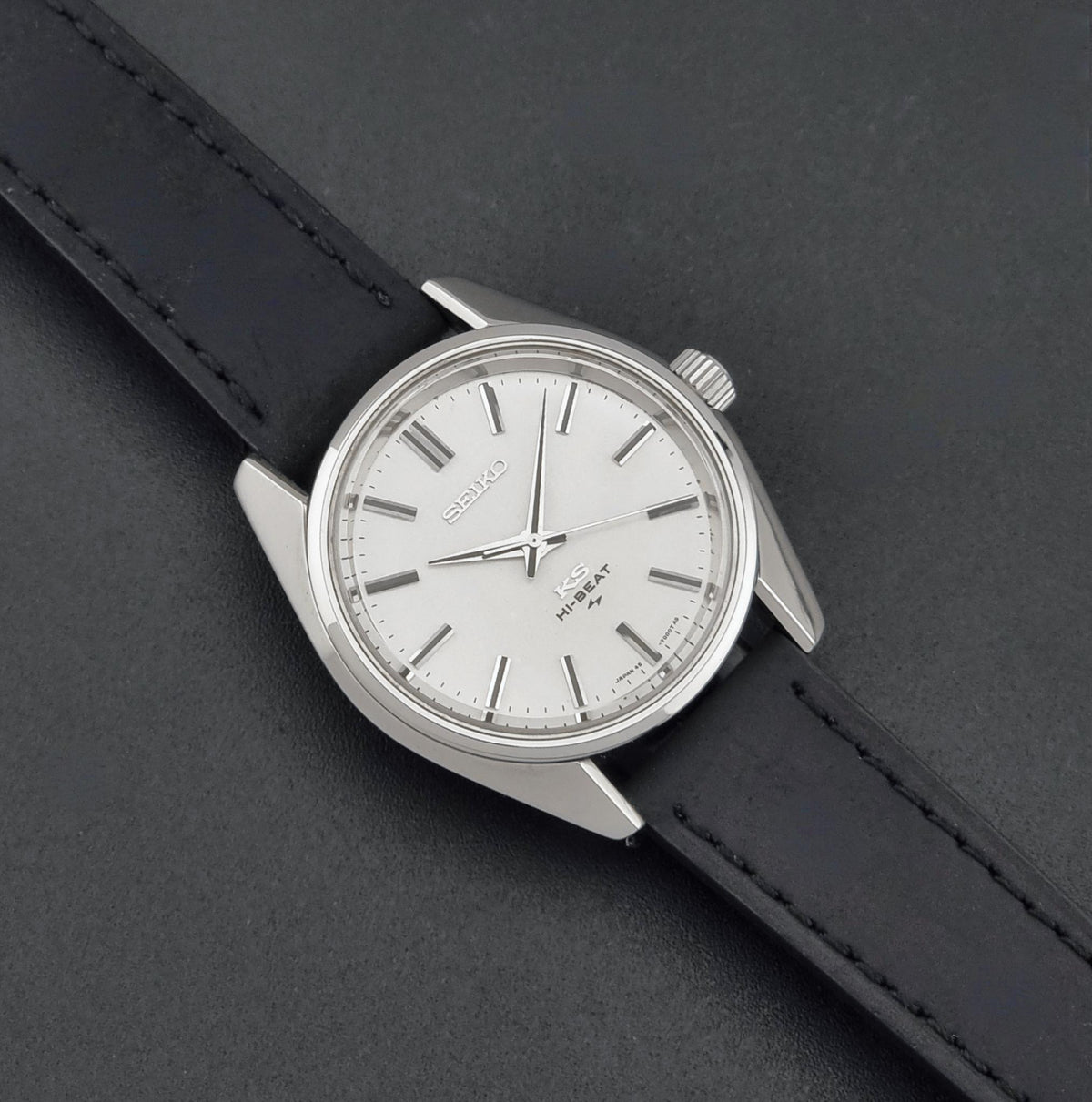 1971 vintage King Seiko 45-7001 Hi-Beat watch; full front view showing the dial, hands and case