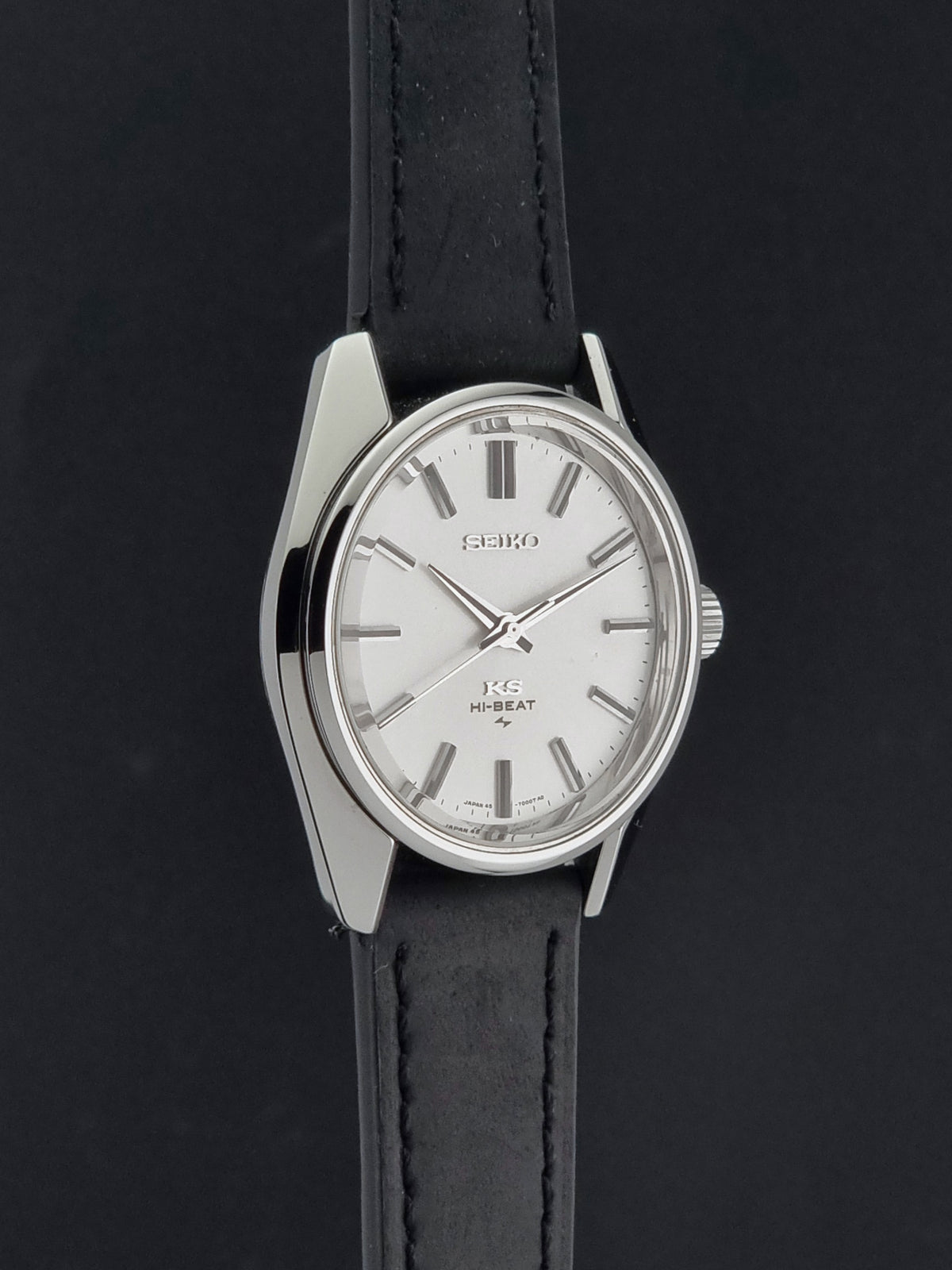 1971 vintage King Seiko 45-7001 Hi-Beat watch; side profile showing the case shape and lugs