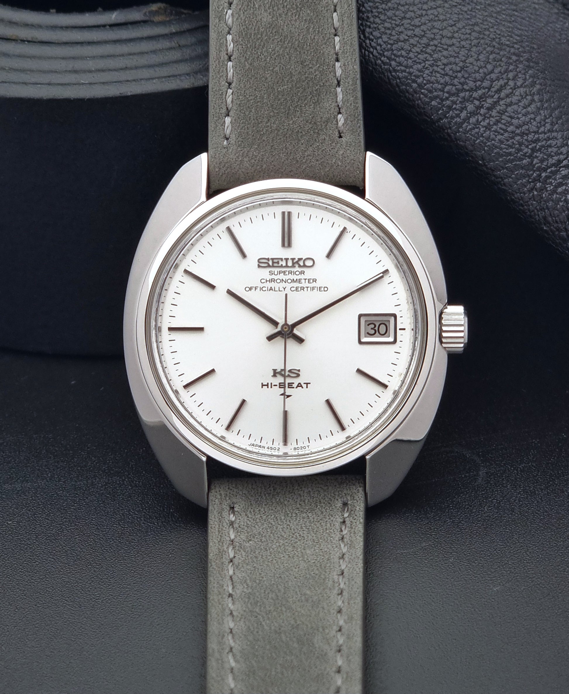 King Seiko Watch Hi-Beat 4502-8010 with gray strap on a dark background front