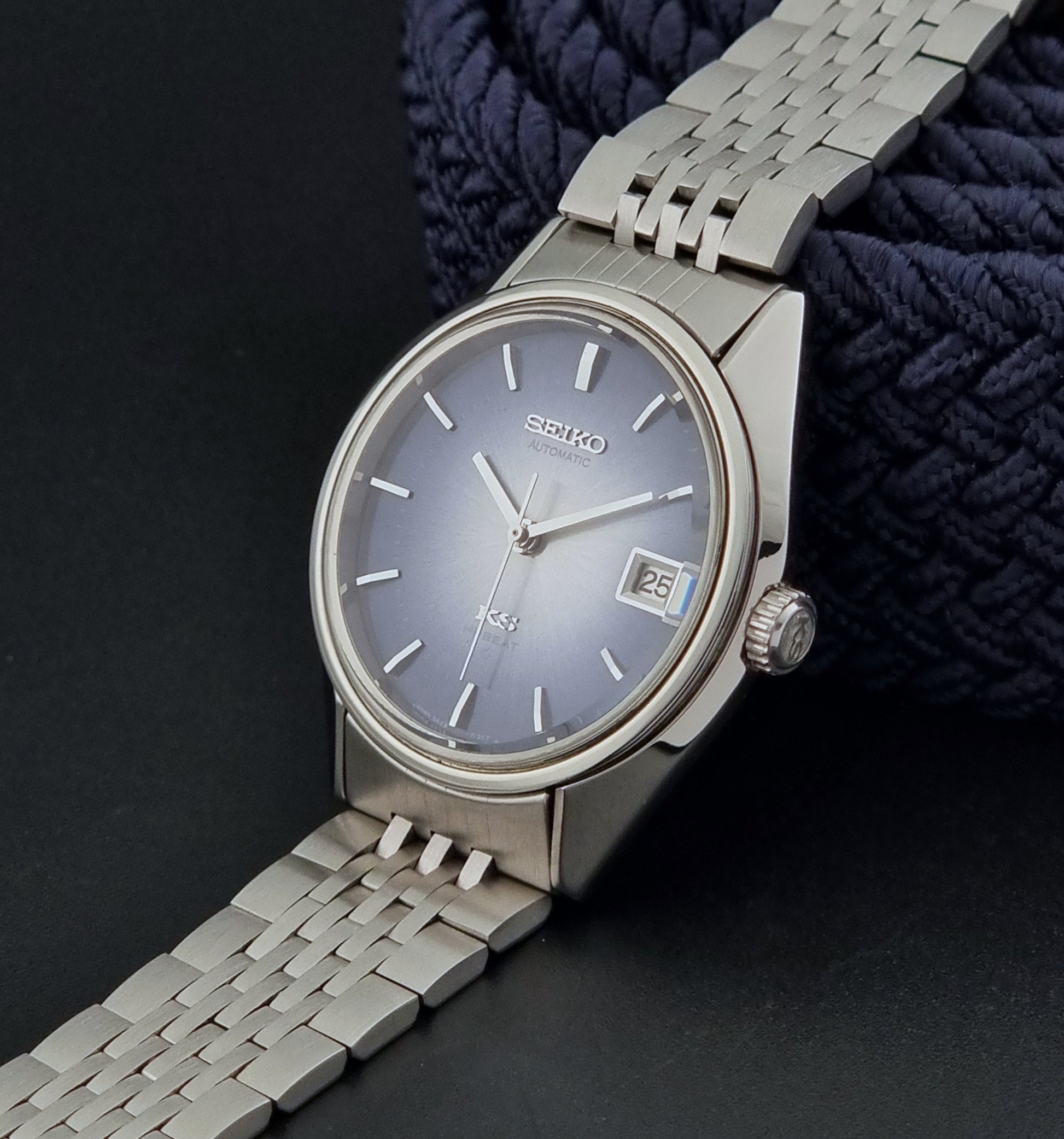 King Seiko watch with a blue dial on a dark background