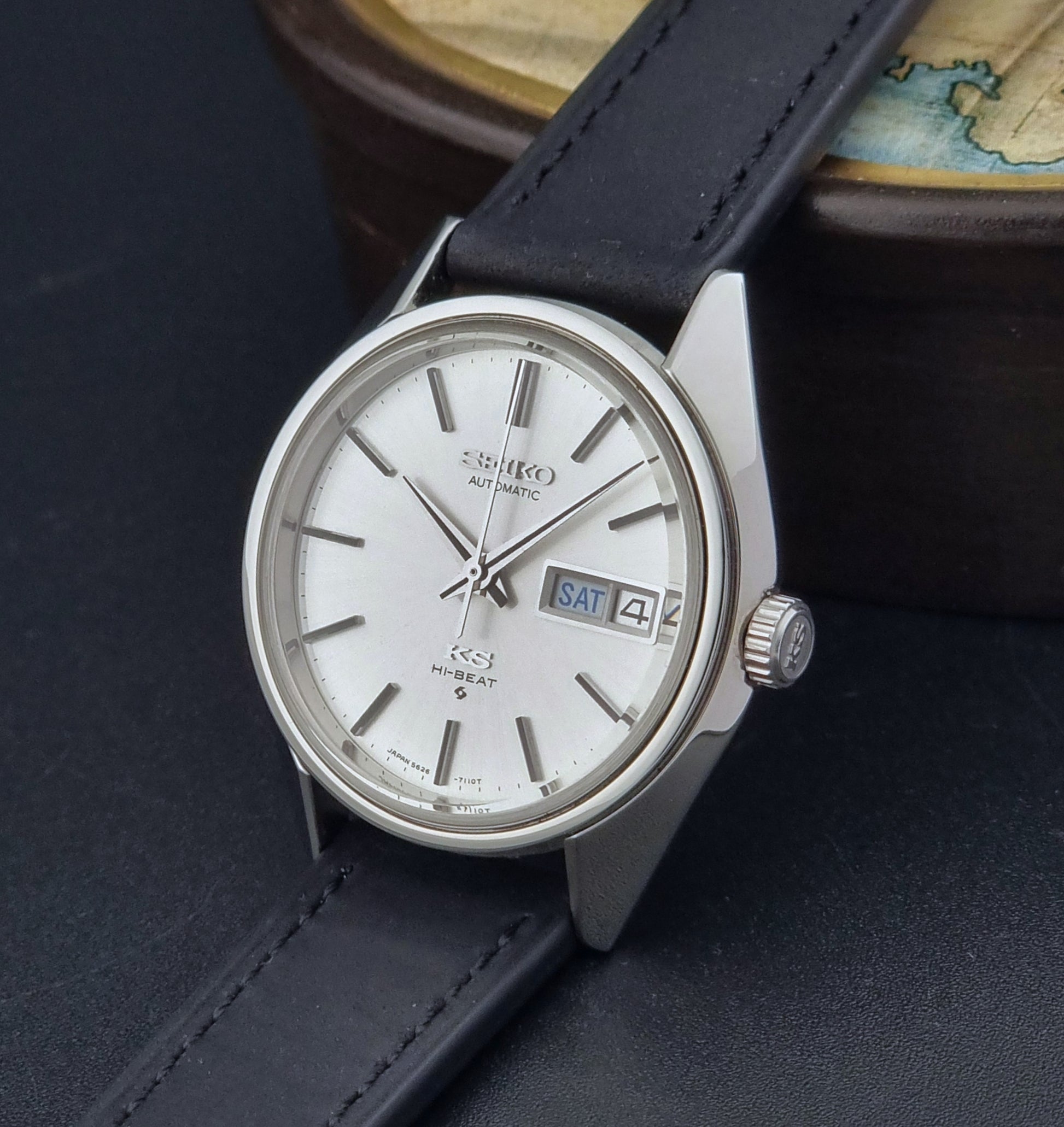 Vintage King Seiko Wristwatch 5626-7110 on a black strap