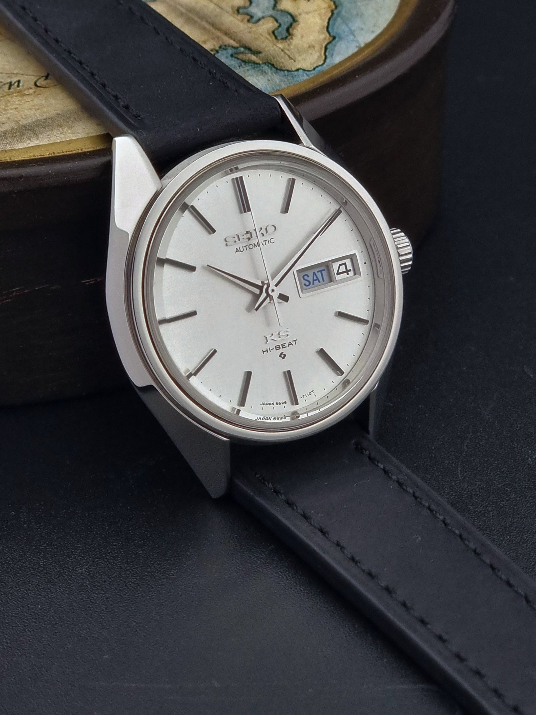 Vintage King Seiko Wristwatch 5626-7110 on a black strap