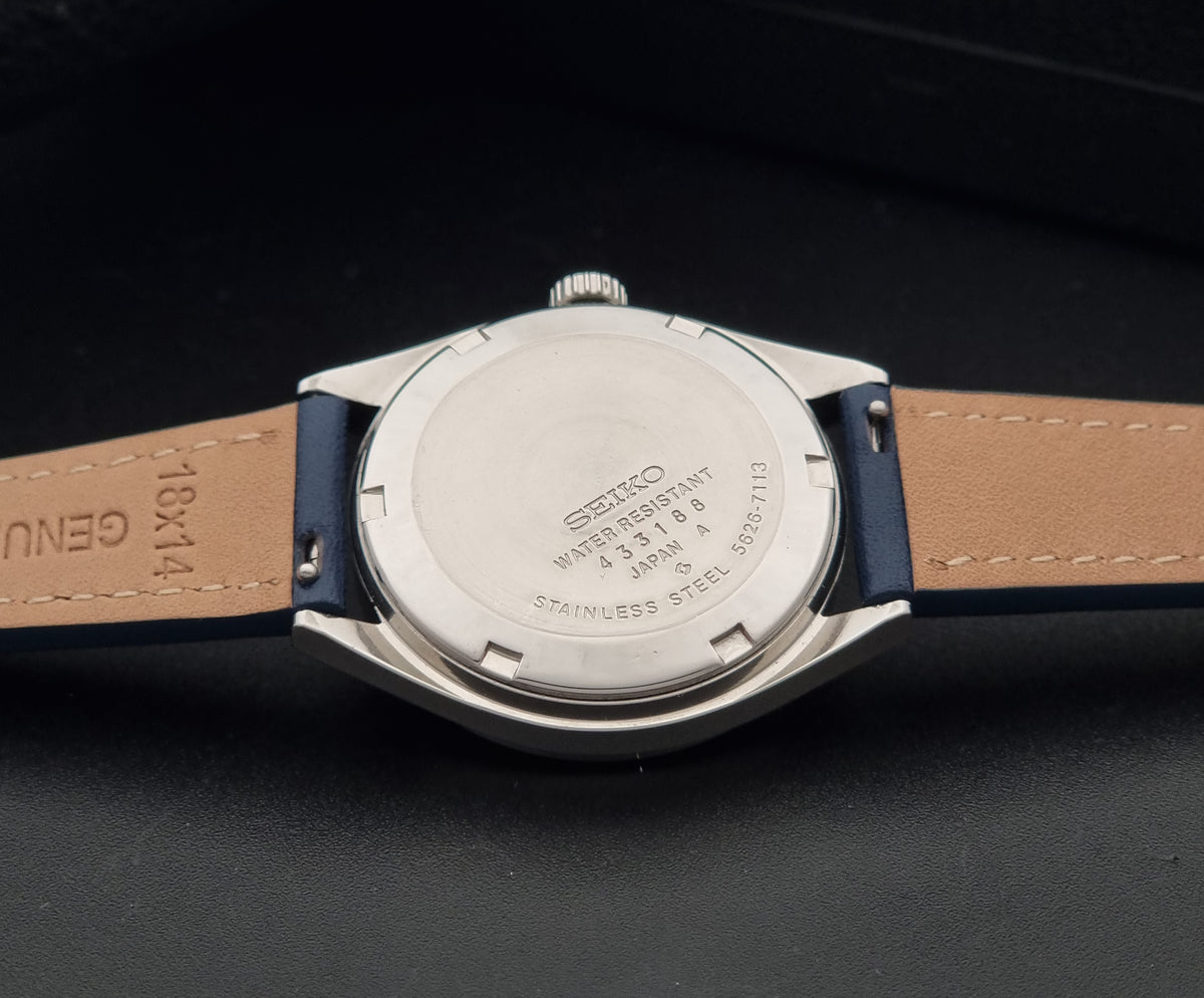 1974 vintage King Seiko 5626-7113 Hi-Beat automatic watch, rear view of the stainless steel caseback