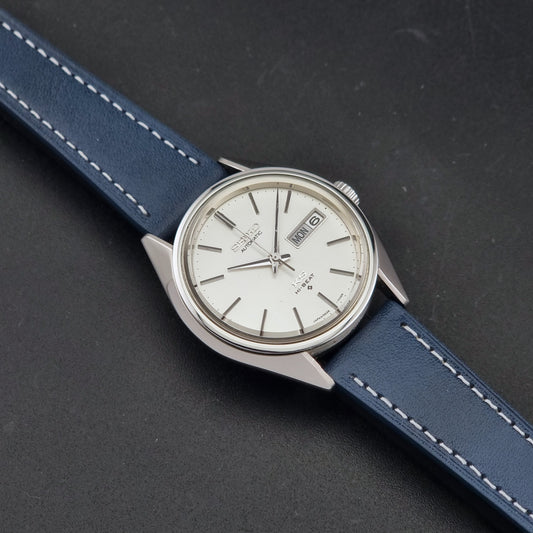 1974 vintage King Seiko 5626-7113 Hi-Beat automatic watch, front view of the silver sunburst dial