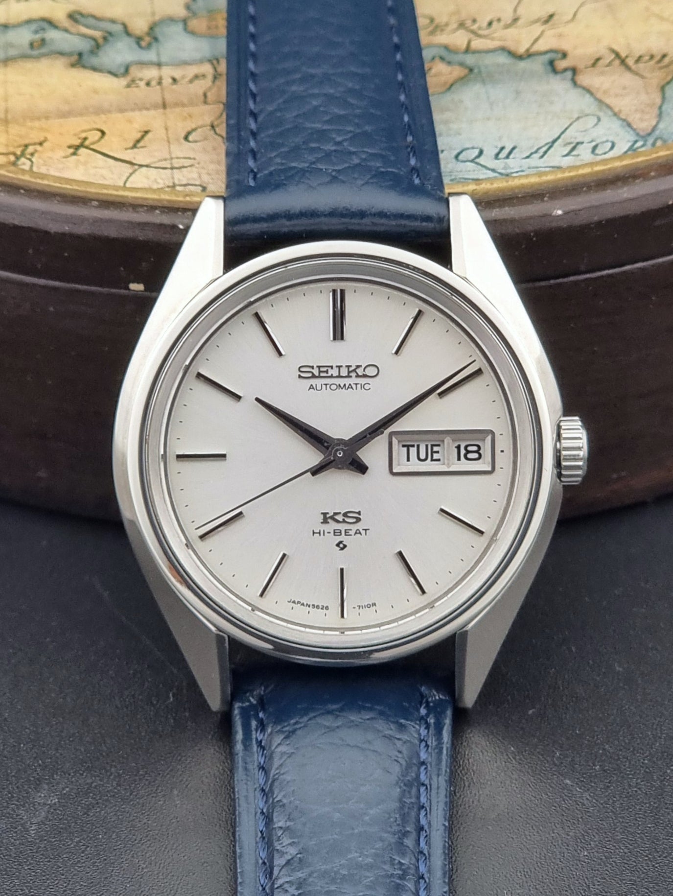 Vintage King Seiko 5626-71113 Wristwatch with blue strap on a textured surface