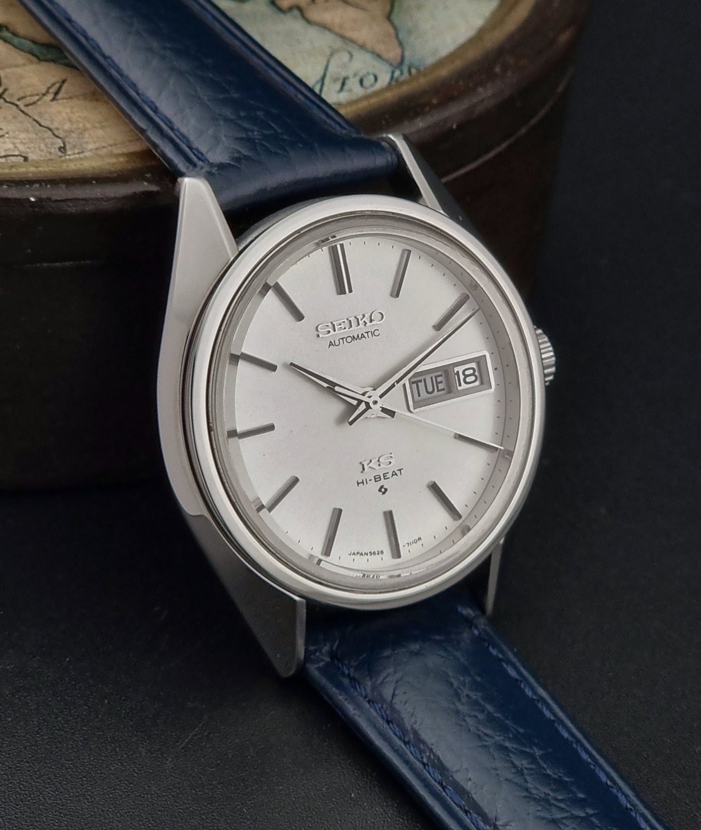 King Seiko 5626-71113 Wristwatch with blue strap on a dark background