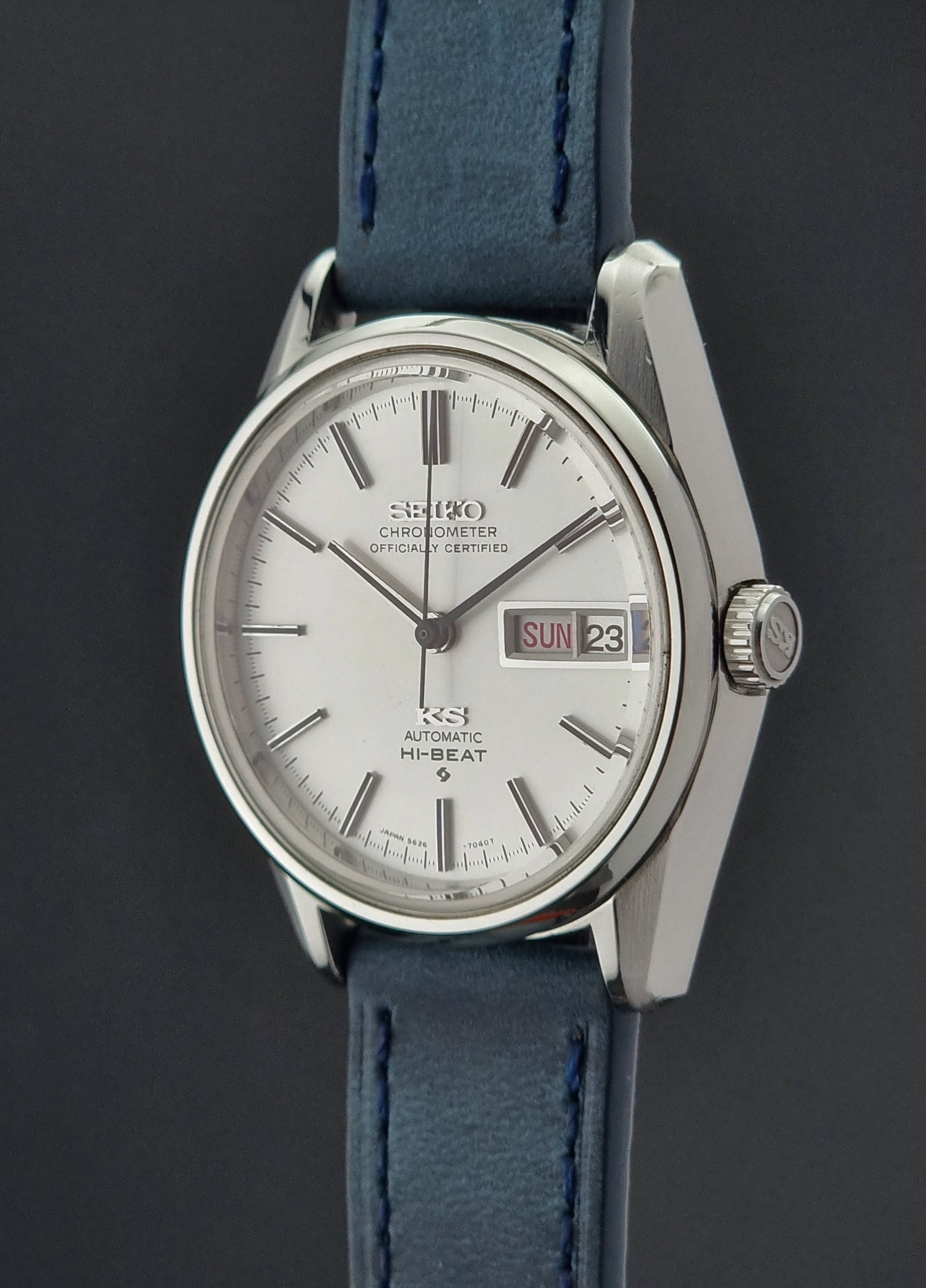 King Seiko watch with blue strap on a dark background