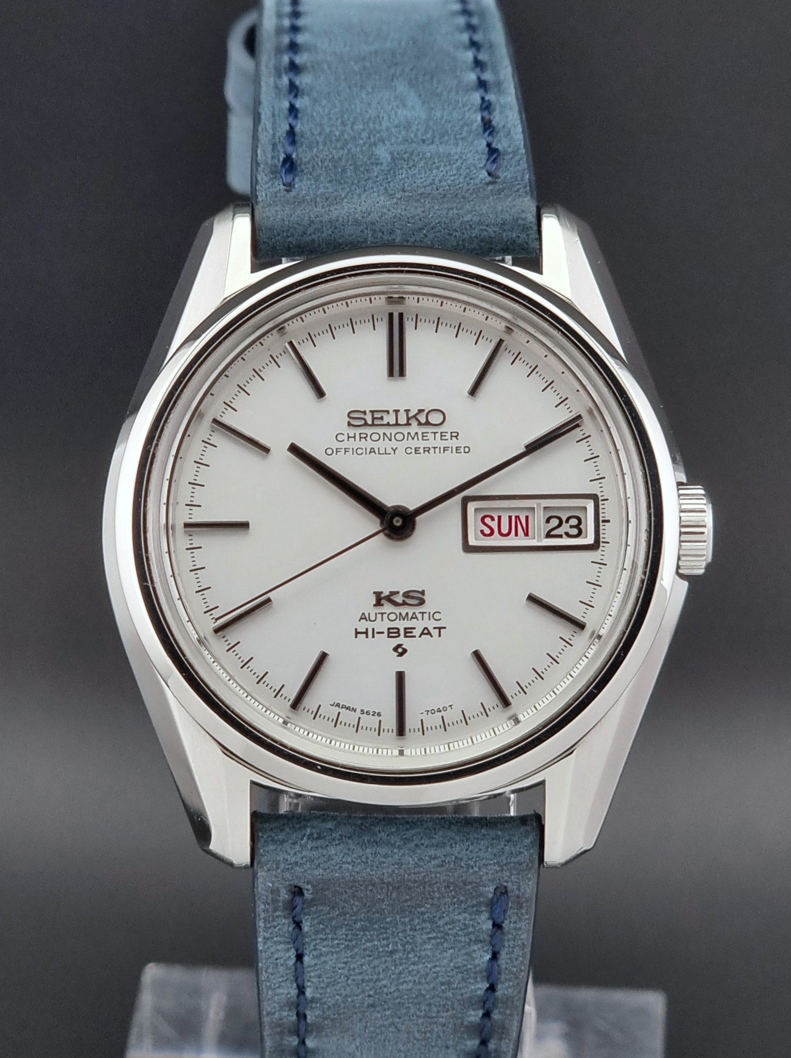 King Seiko watch with blue strap on a dark background