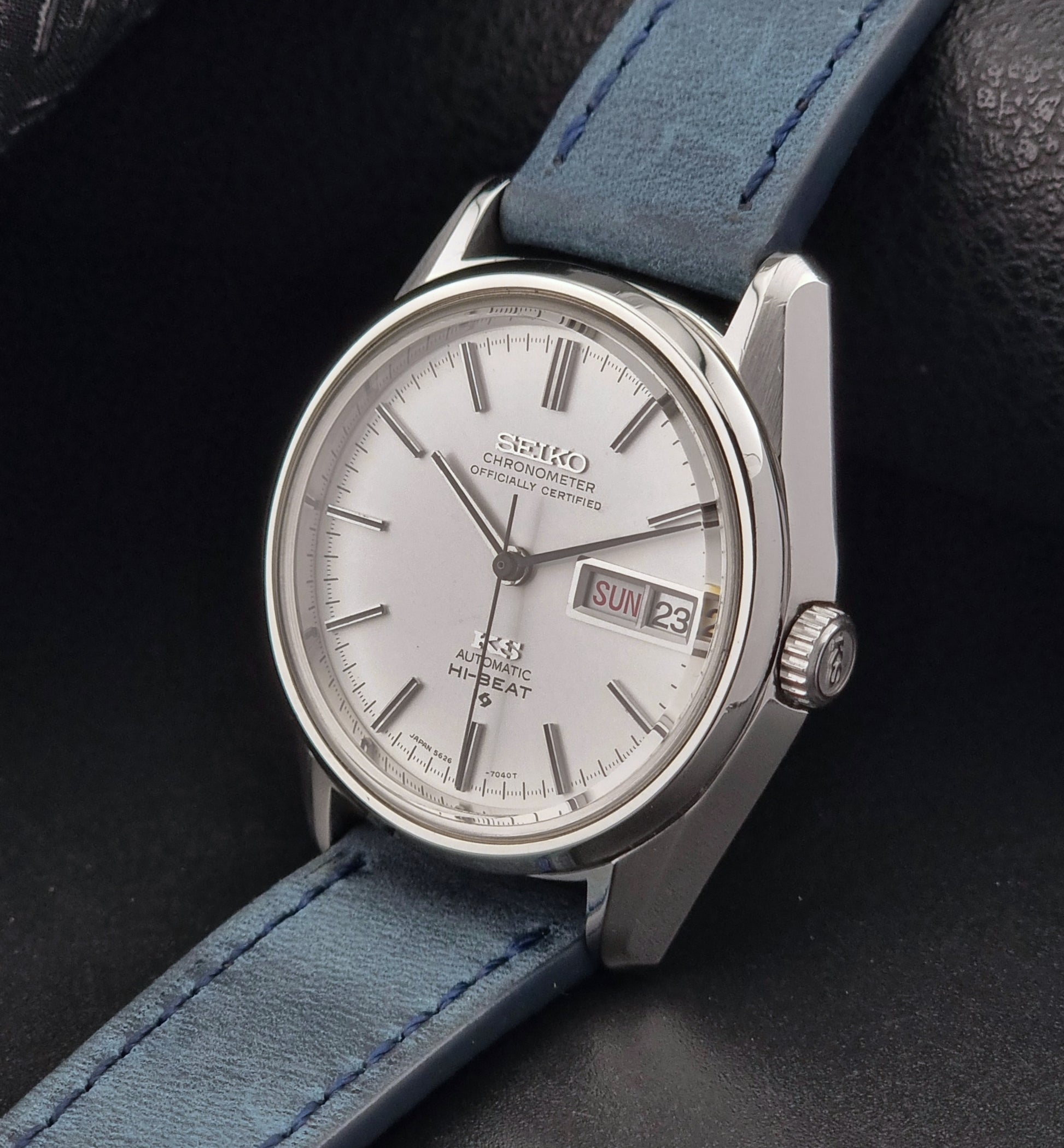 King Seiko Vintage watch with blue leather strap on a dark background