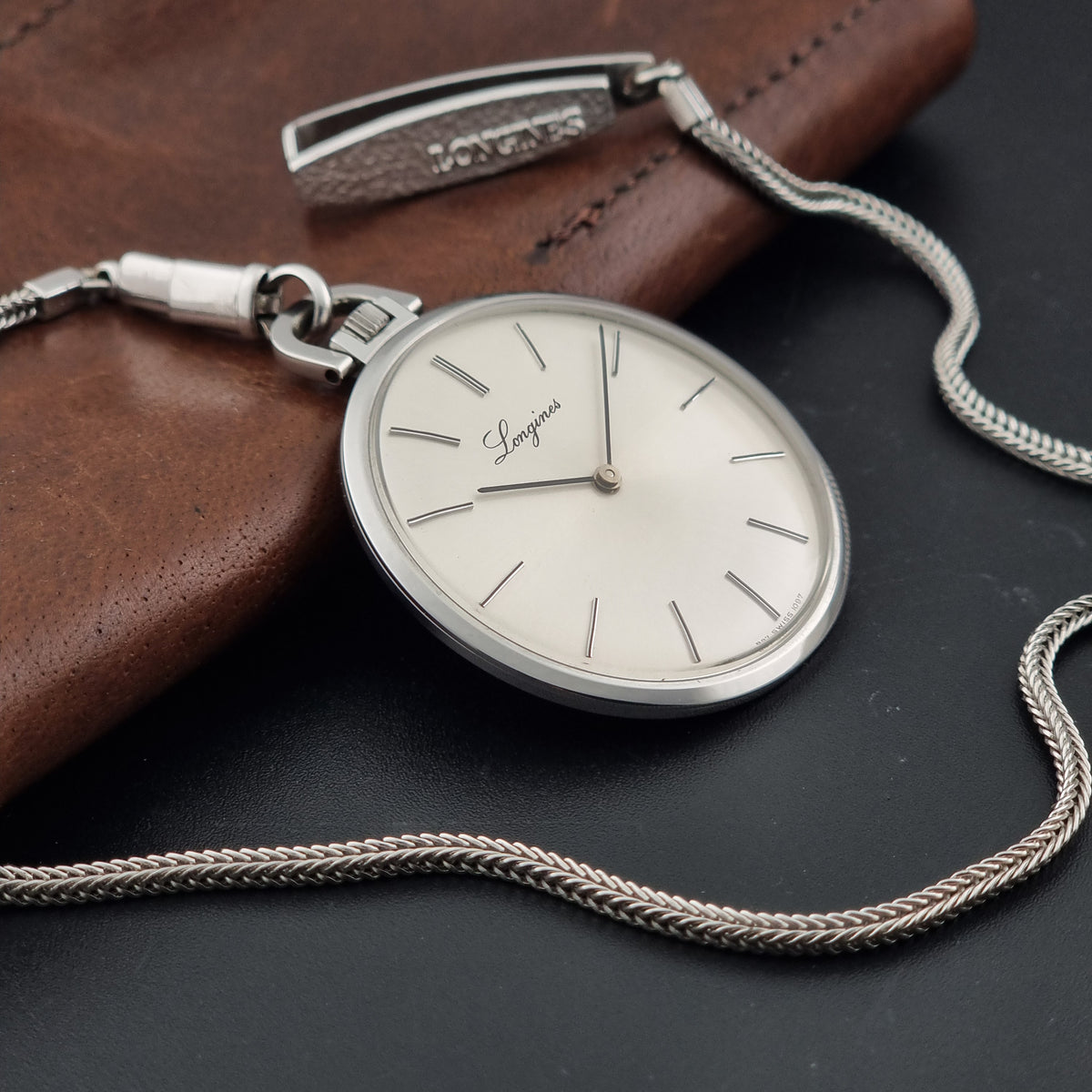 Circa 1976 vintage Longines 1097-4 pocket watch; dial view showing the hands, hour markers and dial layout