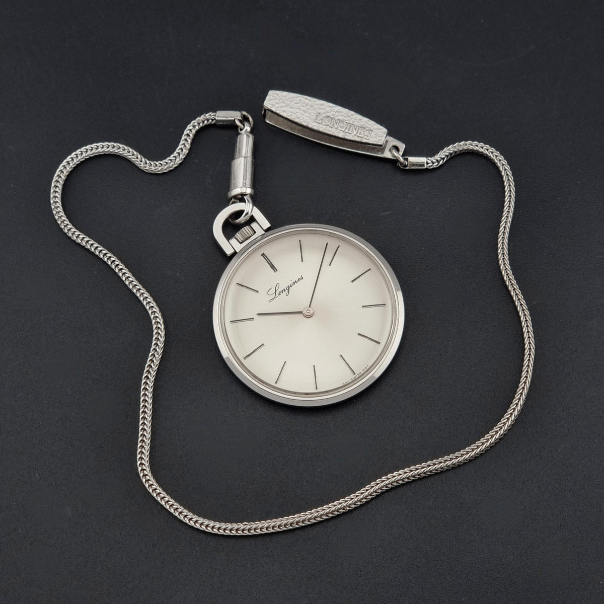 Circa 1976 vintage Longines 1097-4 pocket watch; close-up showing the dial, hands and hour markers