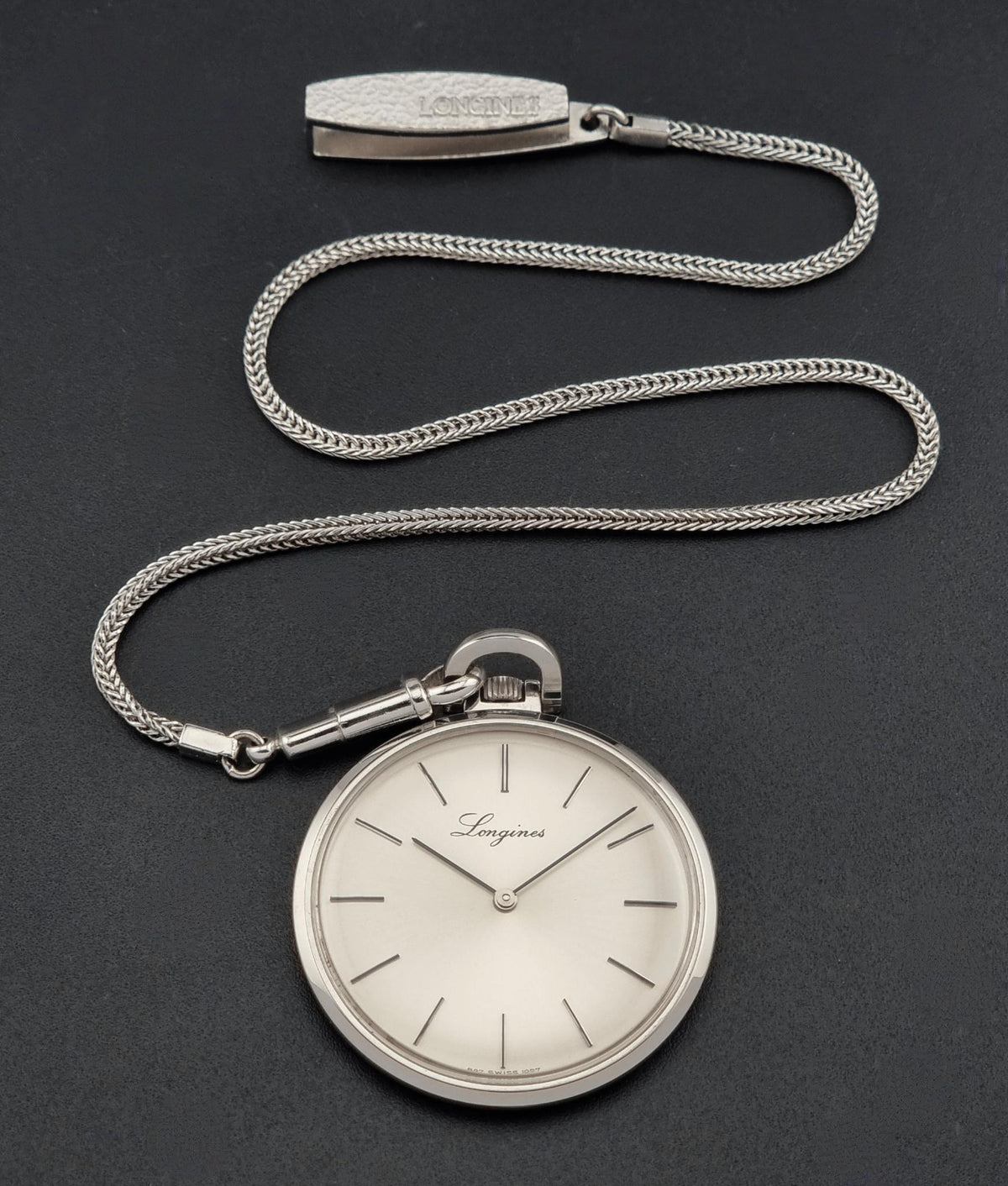 Circa 1976 vintage Longines 1097-4 pocket watch; full front view showing the dial, hands and case
