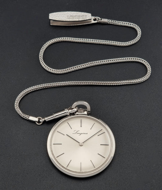 Circa 1976 vintage Longines 1097-4 pocket watch; full front view showing the dial, hands and case